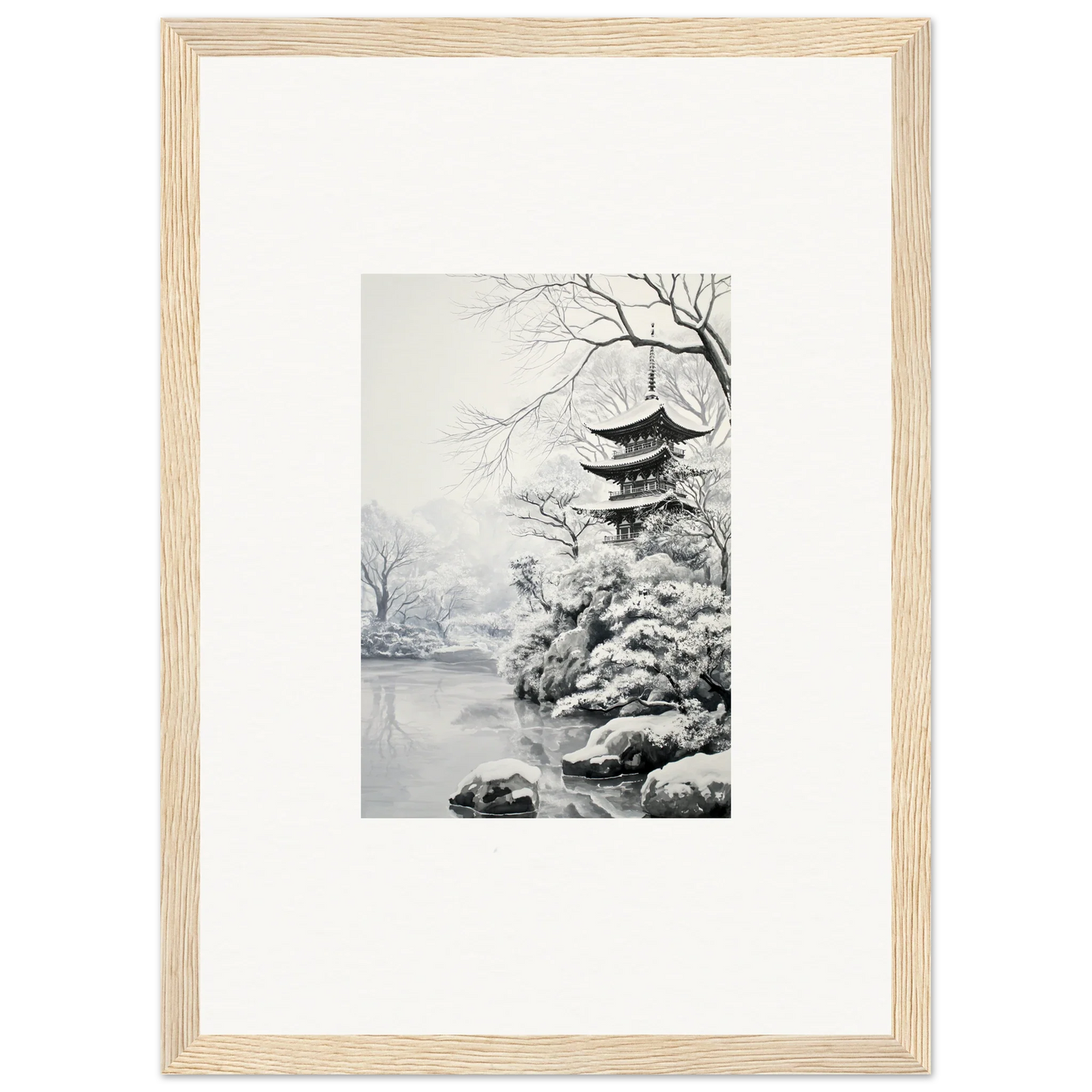 Framed black and white artwork of a Japanese pagoda in Crystallized Blossom Oasis