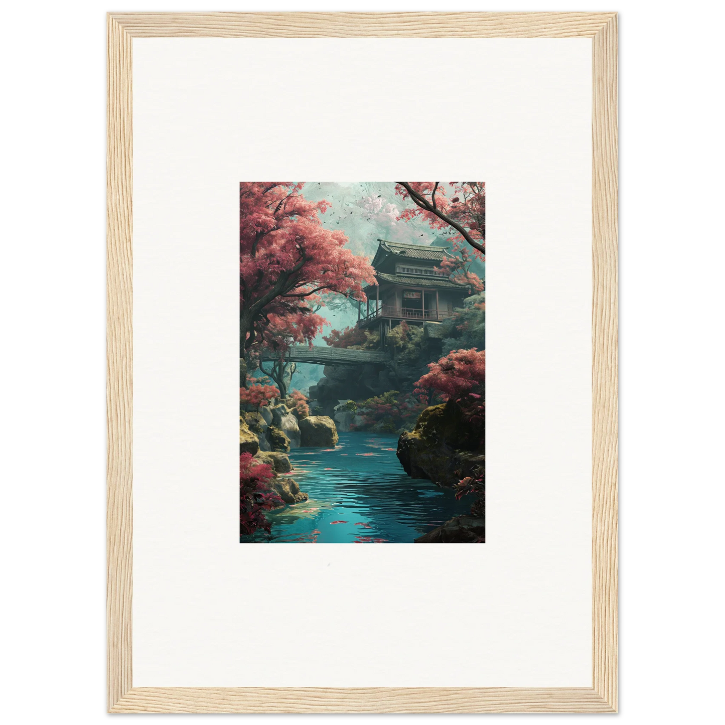Traditional Japanese pagoda by a serene stream with cherry blossoms in Serenity’s Dreamscape