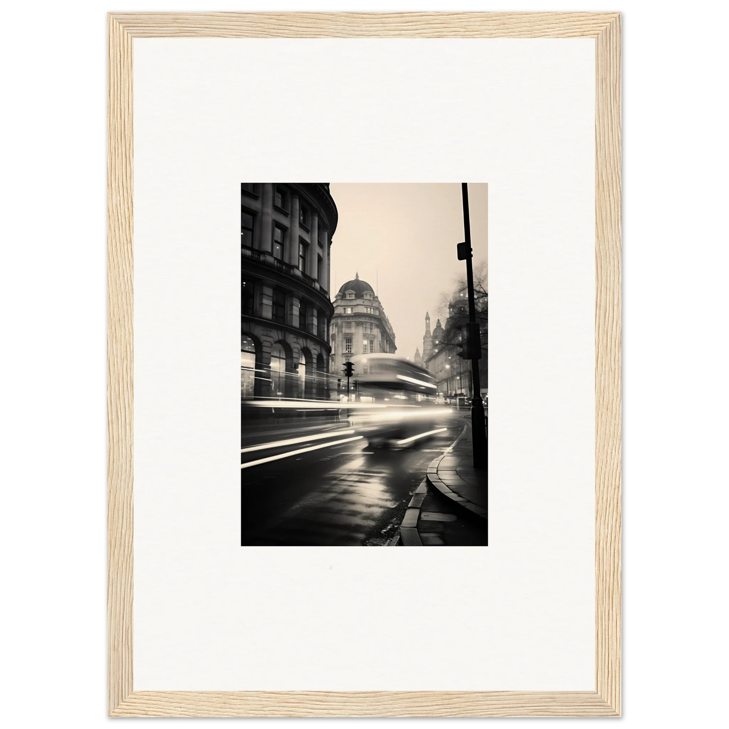 Black and white photo of rainy city street with blurred car lights for Ethereal Citypulse Reverie