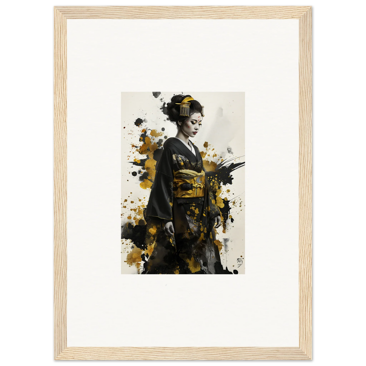 Framed portrait of a geisha in kimono with gold splatter in Eclipsed Ukiyo Symphony
