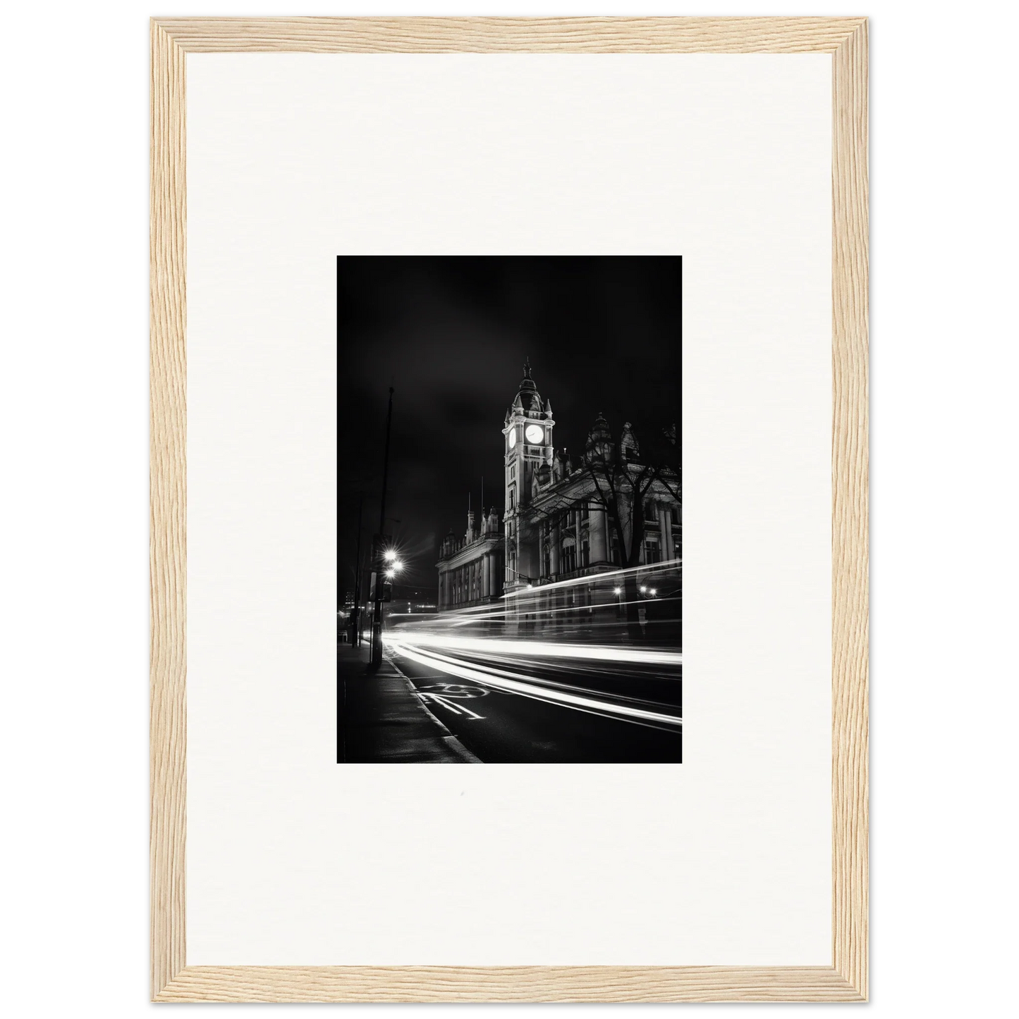 Black and white Gothic church photo with light trails, part of Temporal Phantasm Glide art