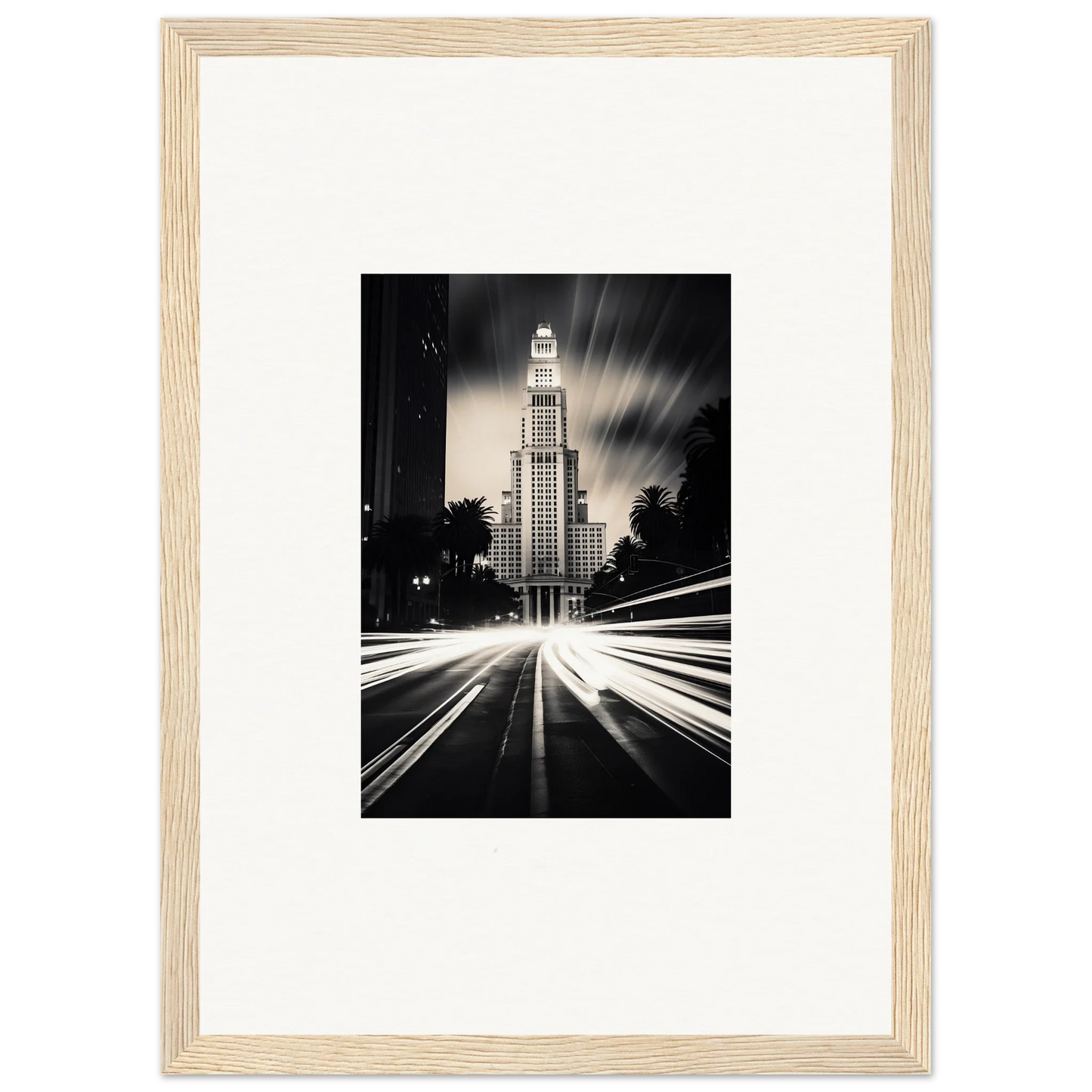 Art Deco skyscraper in black and white with light trails for Luminescent Metropolis Beacon