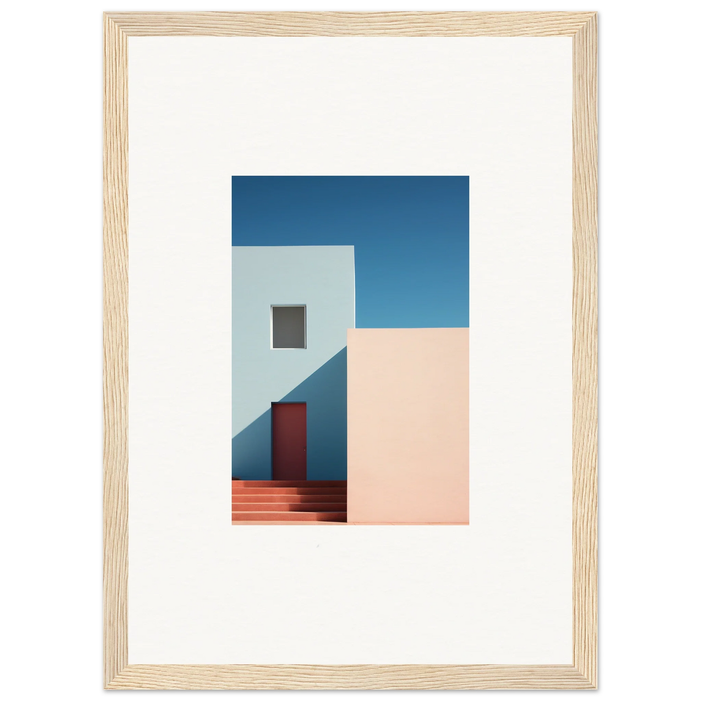 Framed minimalist photograph of geometric architecture and a red door for Tangents of Porcelain