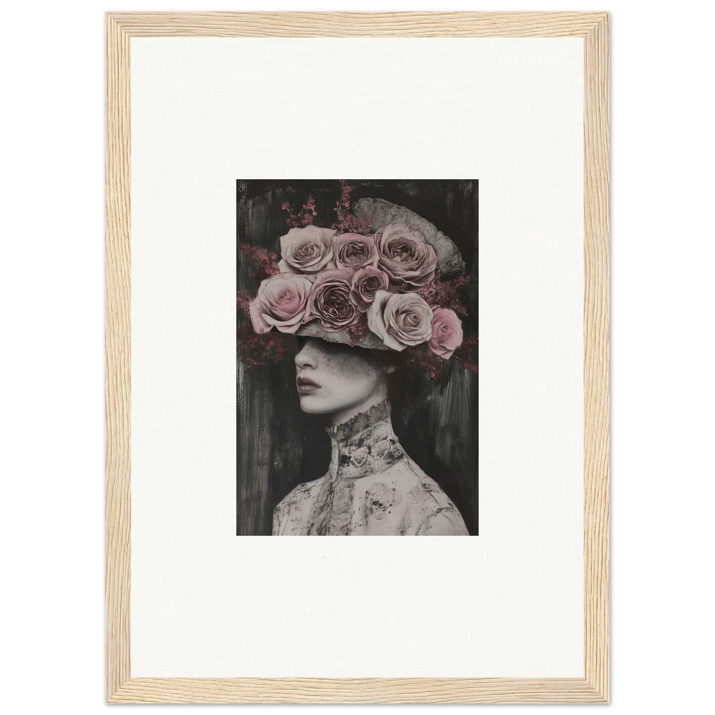 Black and white photo of a figure in a floral odyssey veil with ornate details