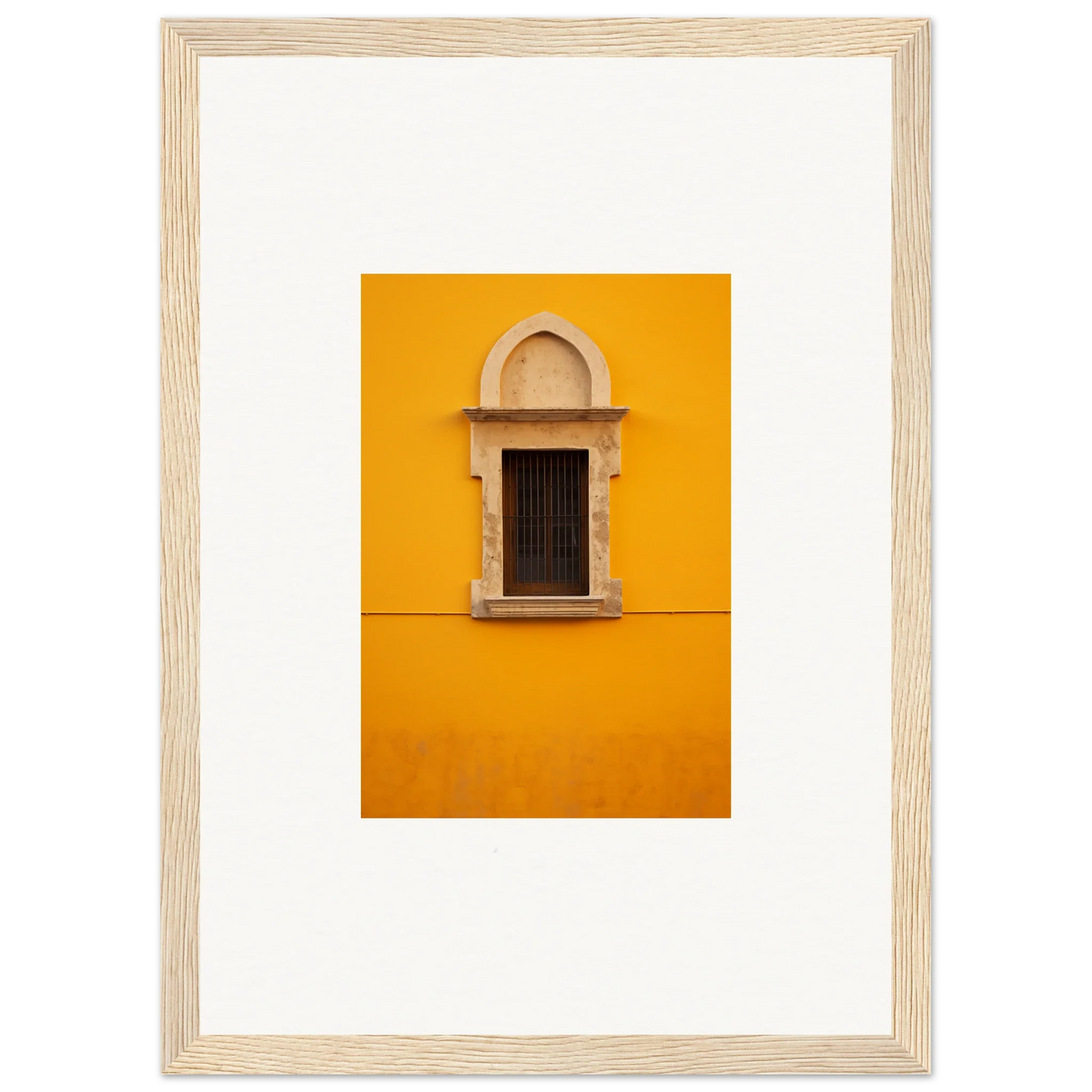 Ornate stone-trimmed window on yellow wall in Golden Correspondence Portal art