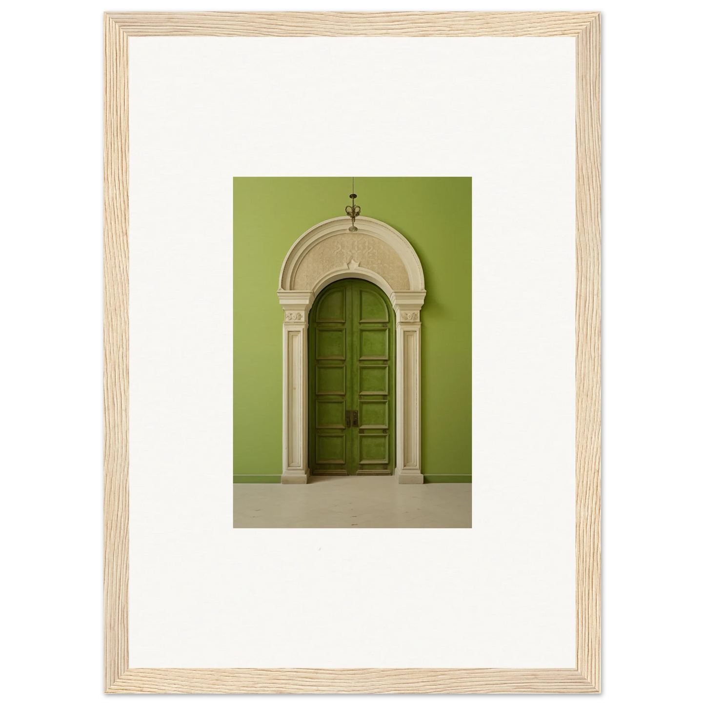 Arched green wooden door with ornate stone trim in Verdant Luminary Portal art