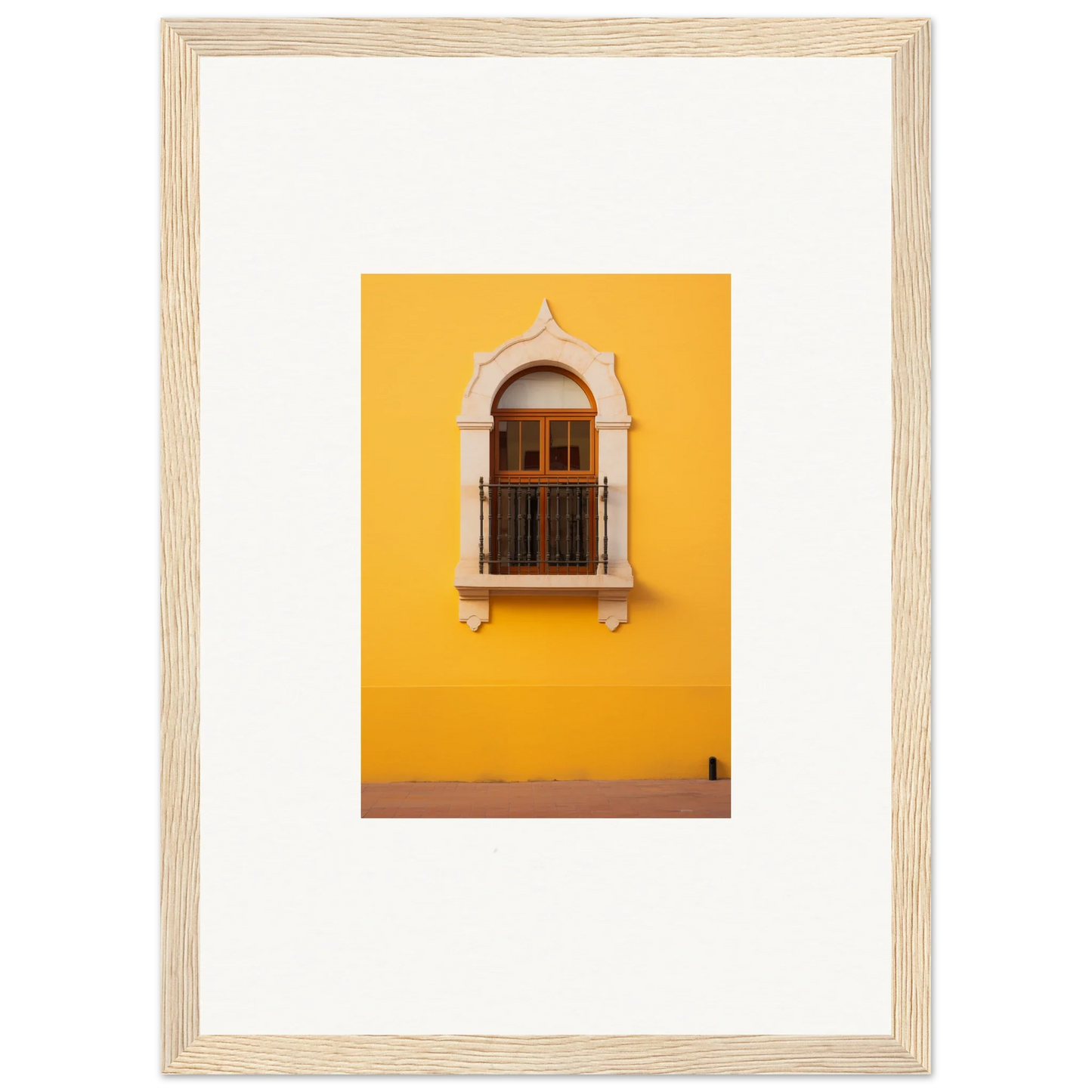 Ornate arched window with wooden shutters on yellow wall in Golden Portal Reverie art