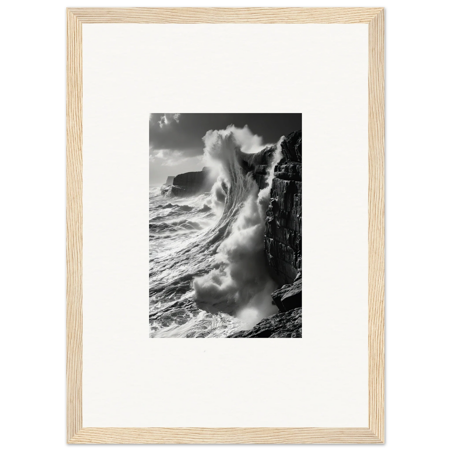 Powerful ocean wave crashing on cliffs in black and white for Tidal Curved Reality framed wall art