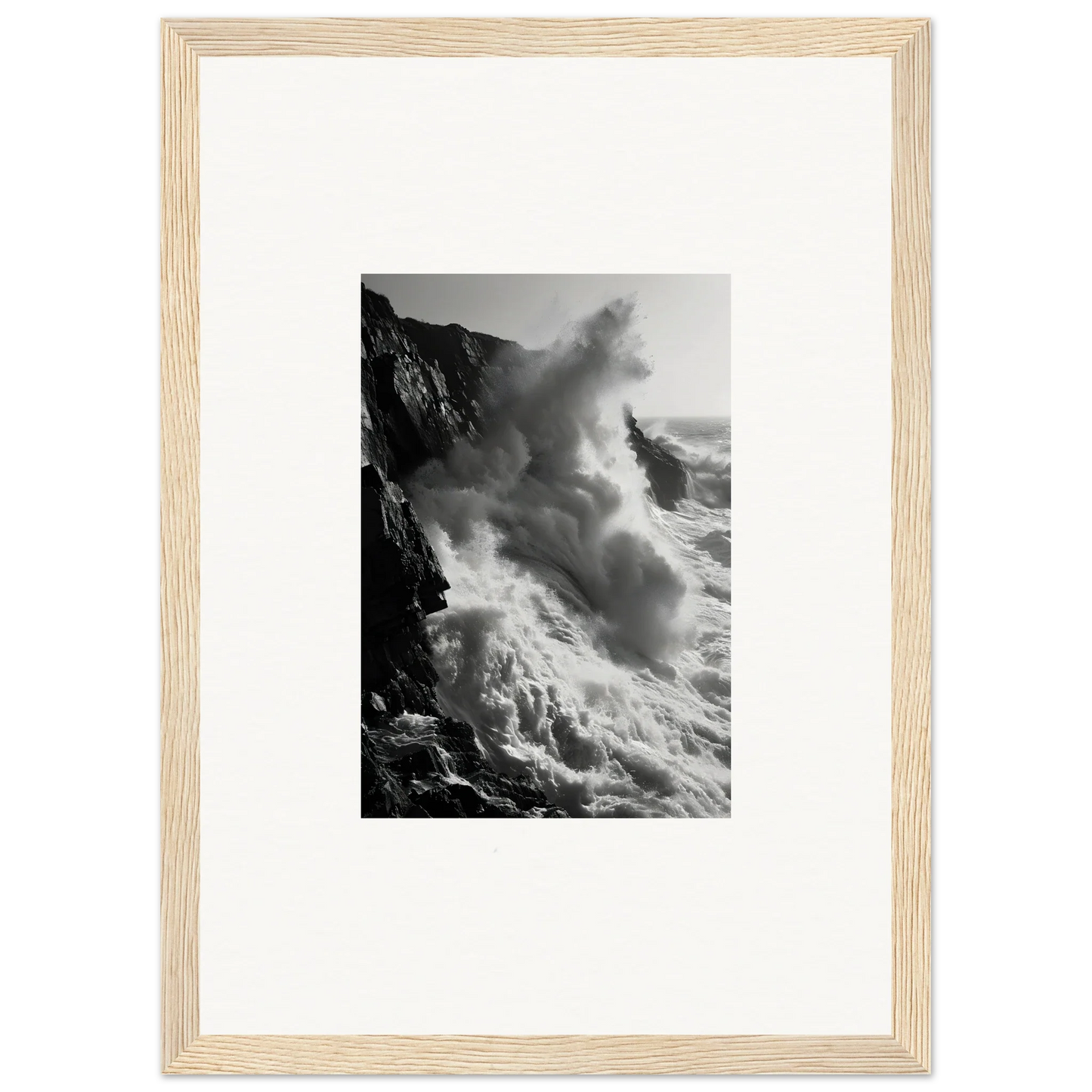 Powerful ocean waves crashing on cliffs in black and white from Ephemeral Echoes Surge
