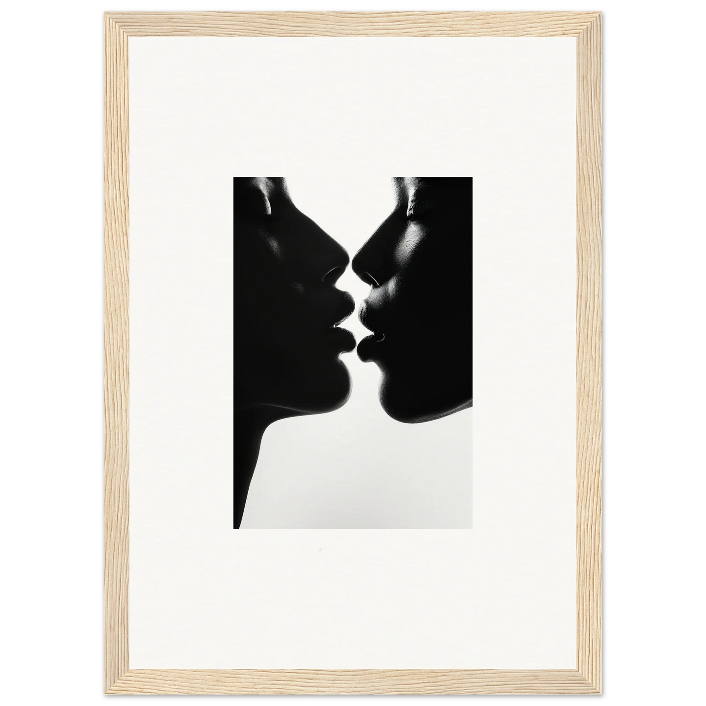 Black and white silhouette of two profiles kissing for Luminous Midnight Kiss framed wall art