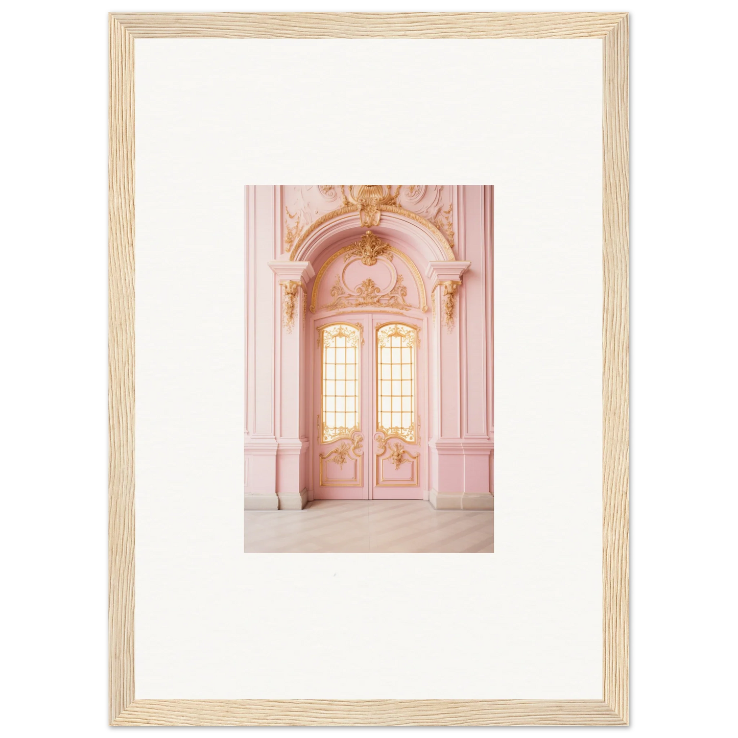 Ornate pink double doors with baroque details in Ethereal Rose Haven framed wall art