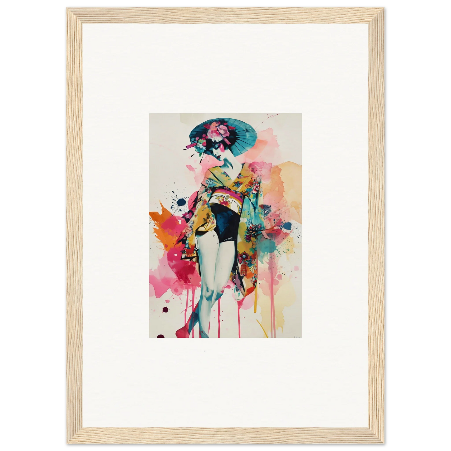 Colorful abstract geisha wall art in floral kimono for unique room decoration