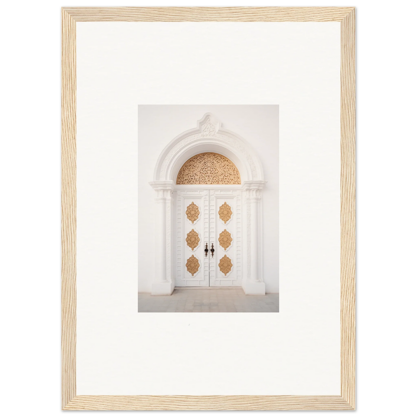 Elegant white double door with gold patterns in Gilded Mirage Passage framed wall art