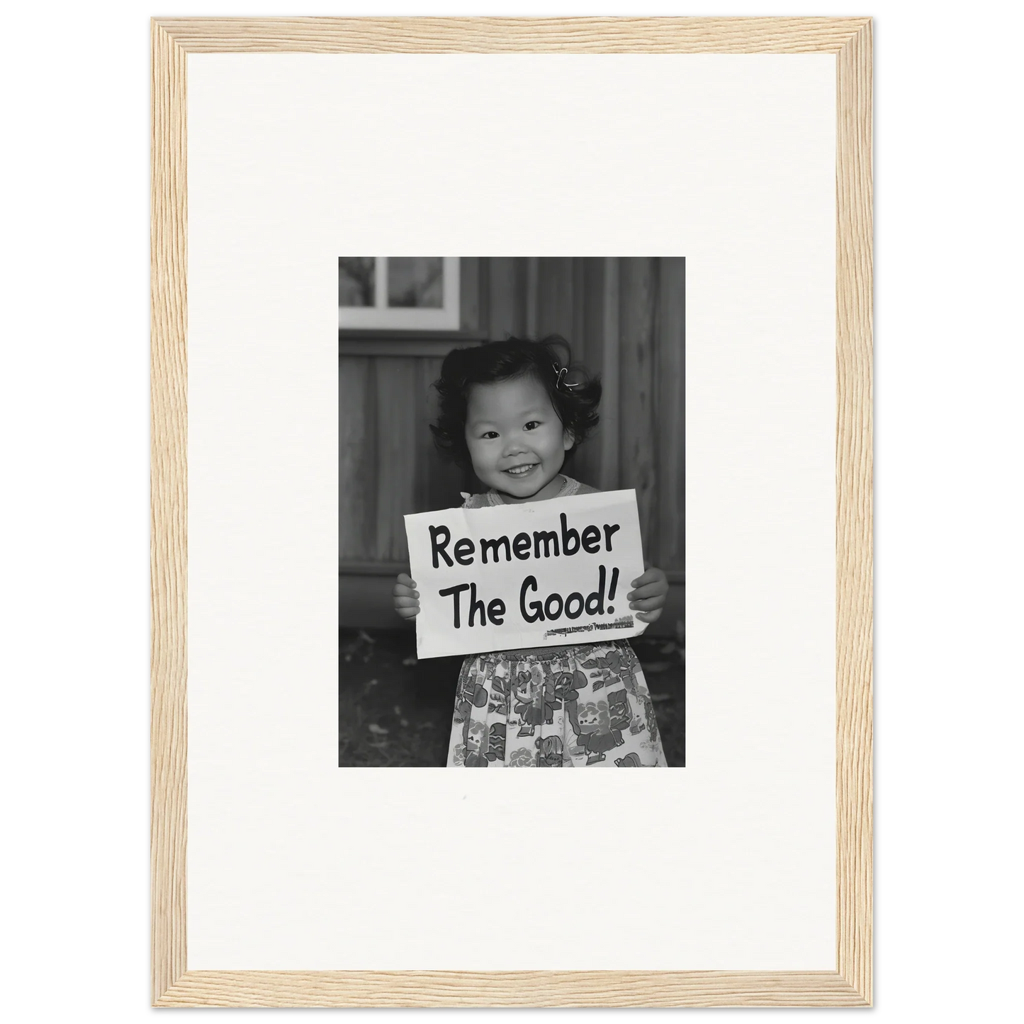 Framed wall art featuring a black and white photo with Remember The Good in Essence Savor Whispers