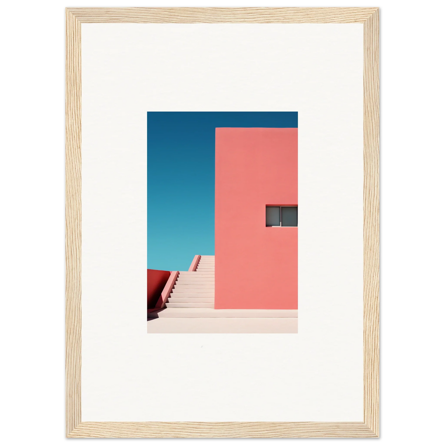 Framed wall art of Cerulean Dream Ickles with pink wall and stairs under blue sky