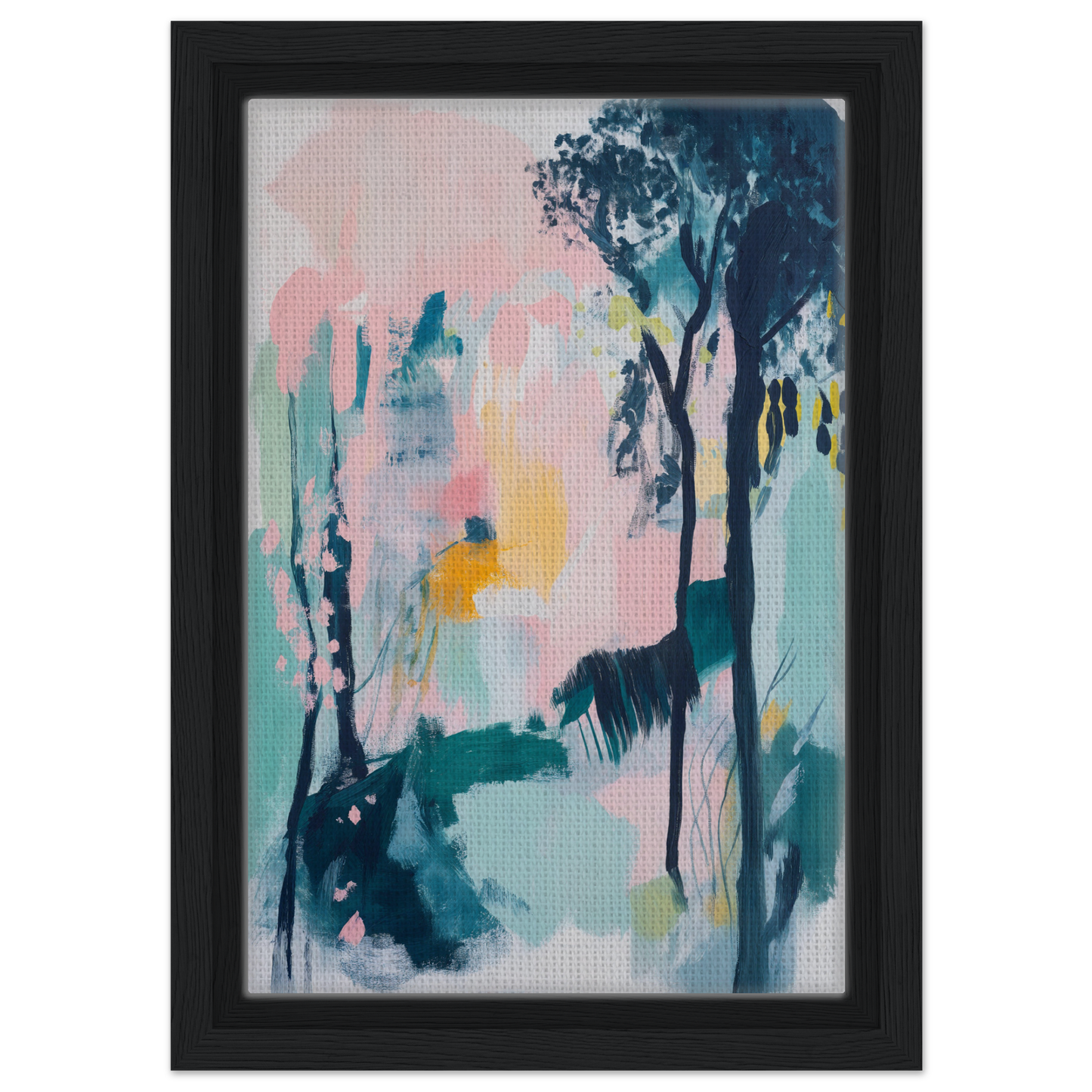 Abstract painting featuring soft pastel colors and dark tree shapes for Abstract Groves Dance