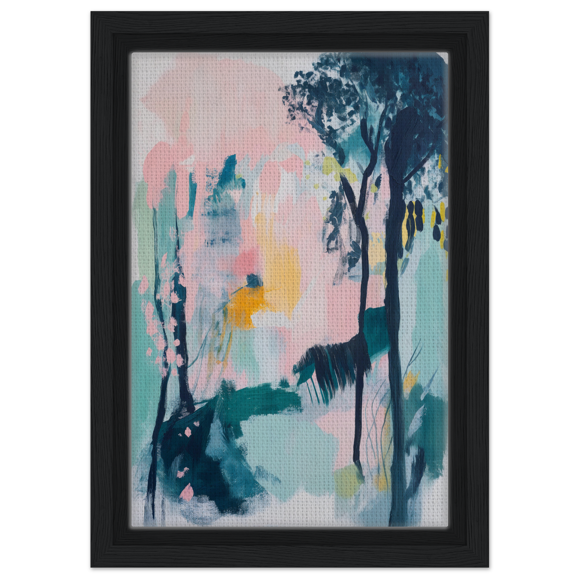 Abstract painting featuring soft pastel colors and dark tree shapes for Abstract Groves Dance