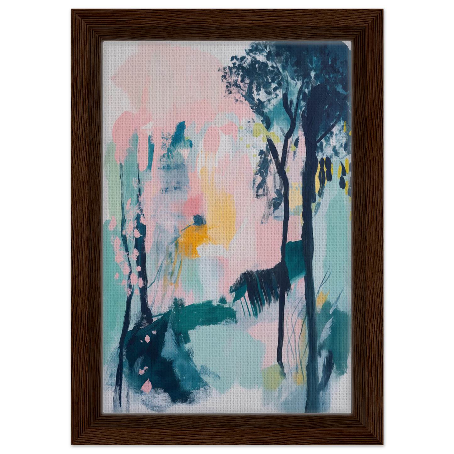 Abstract Groves Dance, an elegant framed canvas print with soft pastel colors and tree shapes