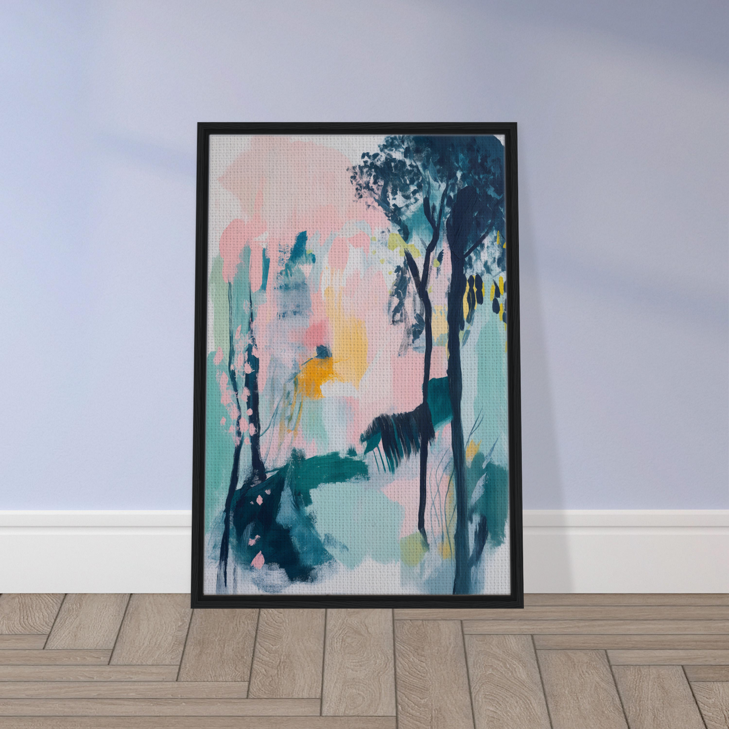 Framed canvas print of Abstract Groves Dance featuring pastel colors and tree-like shapes