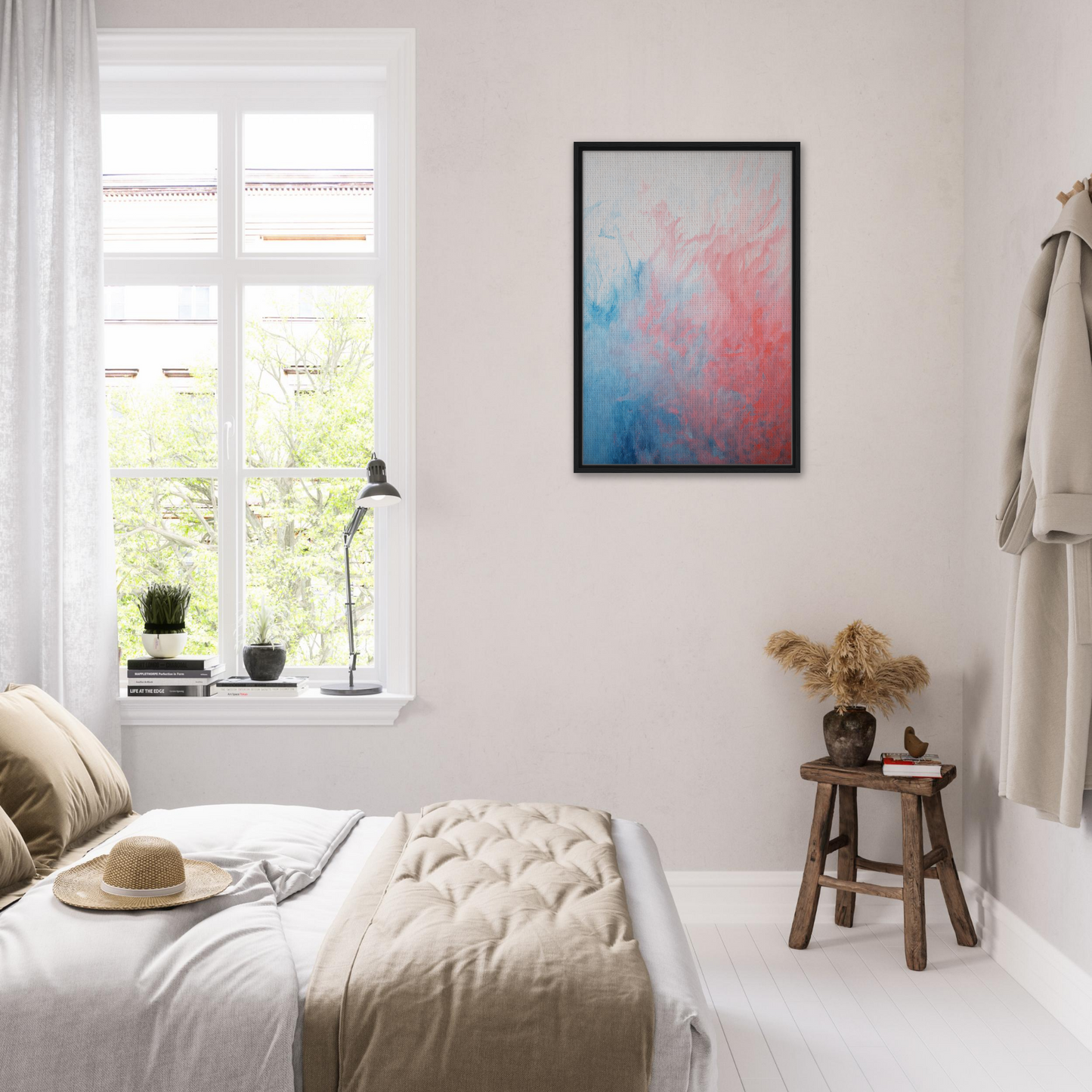 Bright, airy bedroom featuring a Framed Canvas Print of Abstract Radiant Vortex