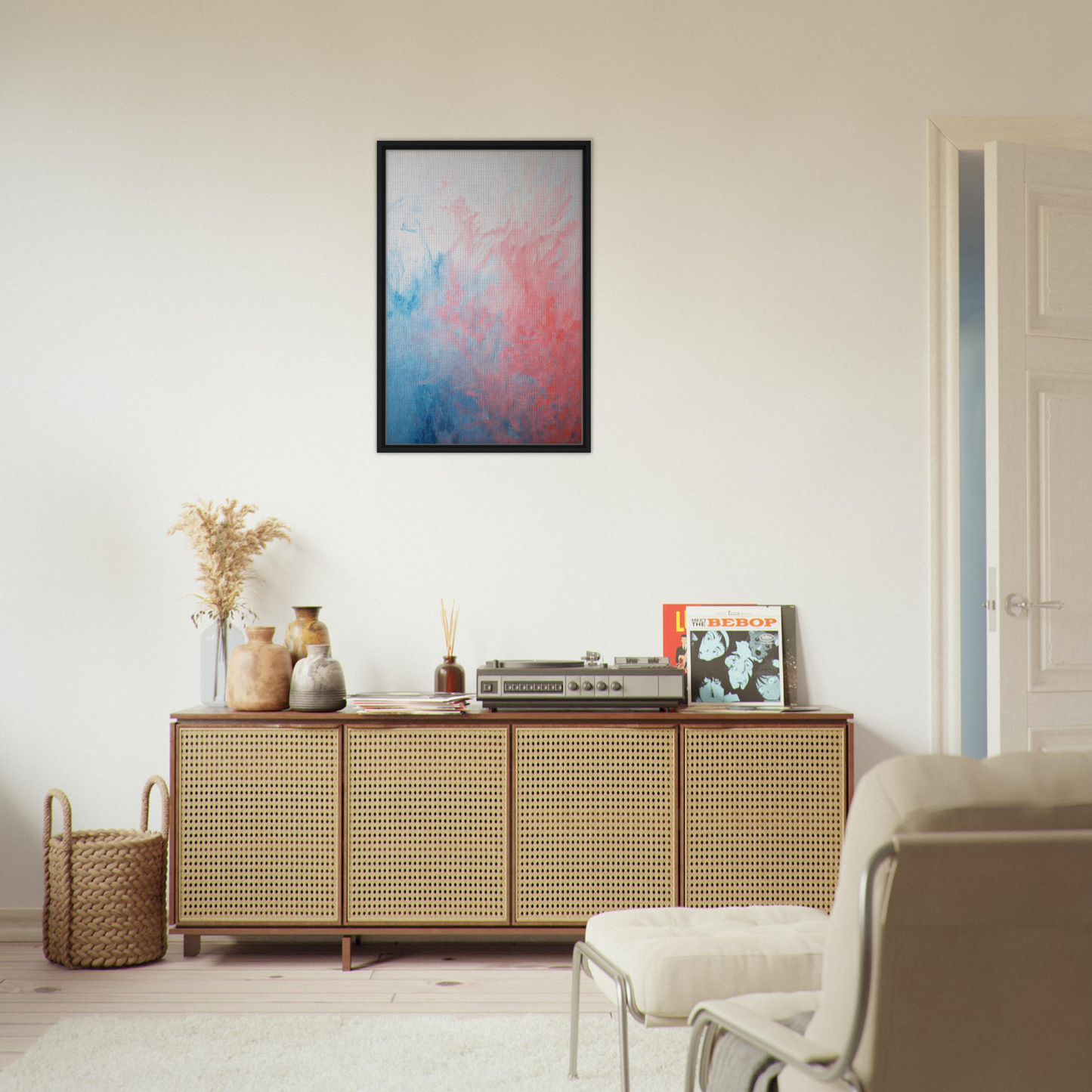 Wooden sideboard with cane-webbed doors and decorative items for Abstract Radiant Vortex room decor