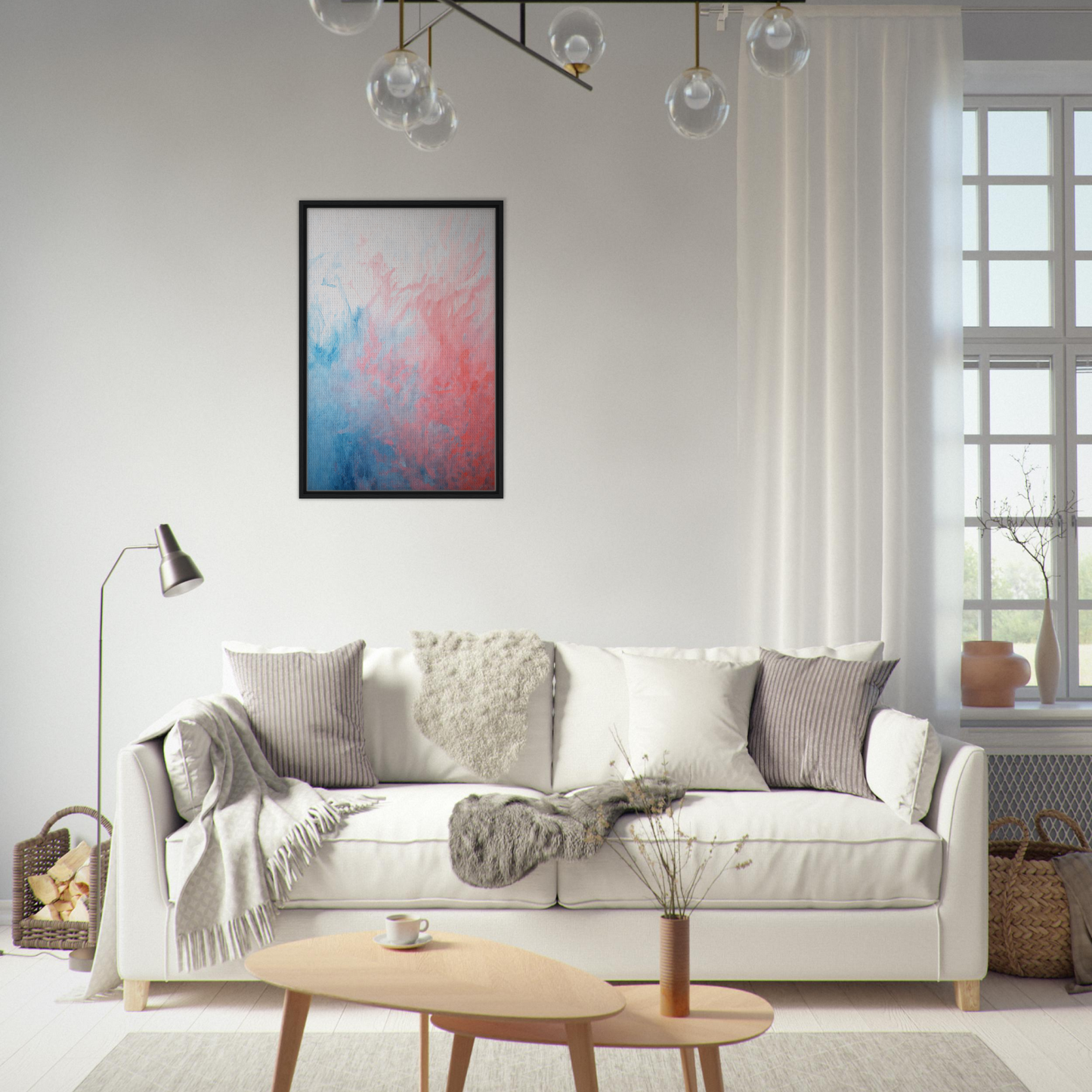 White sofa adorned with throw pillows and blankets, complementing Abstract Radiant Vortex room decor