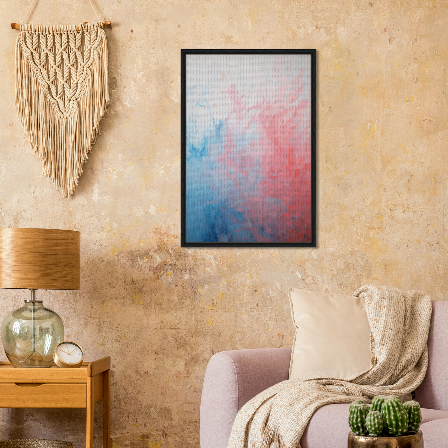 Framed canvas print of Abstract Radiant Vortex with blue and pink watercolor effects