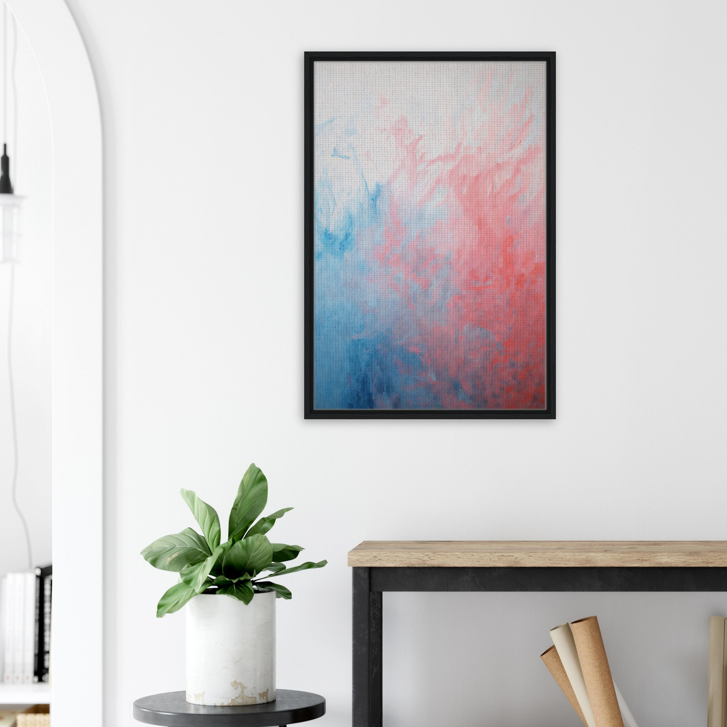 Framed canvas wall art featuring Abstract Radiant Vortex in blue and pink watercolor blends