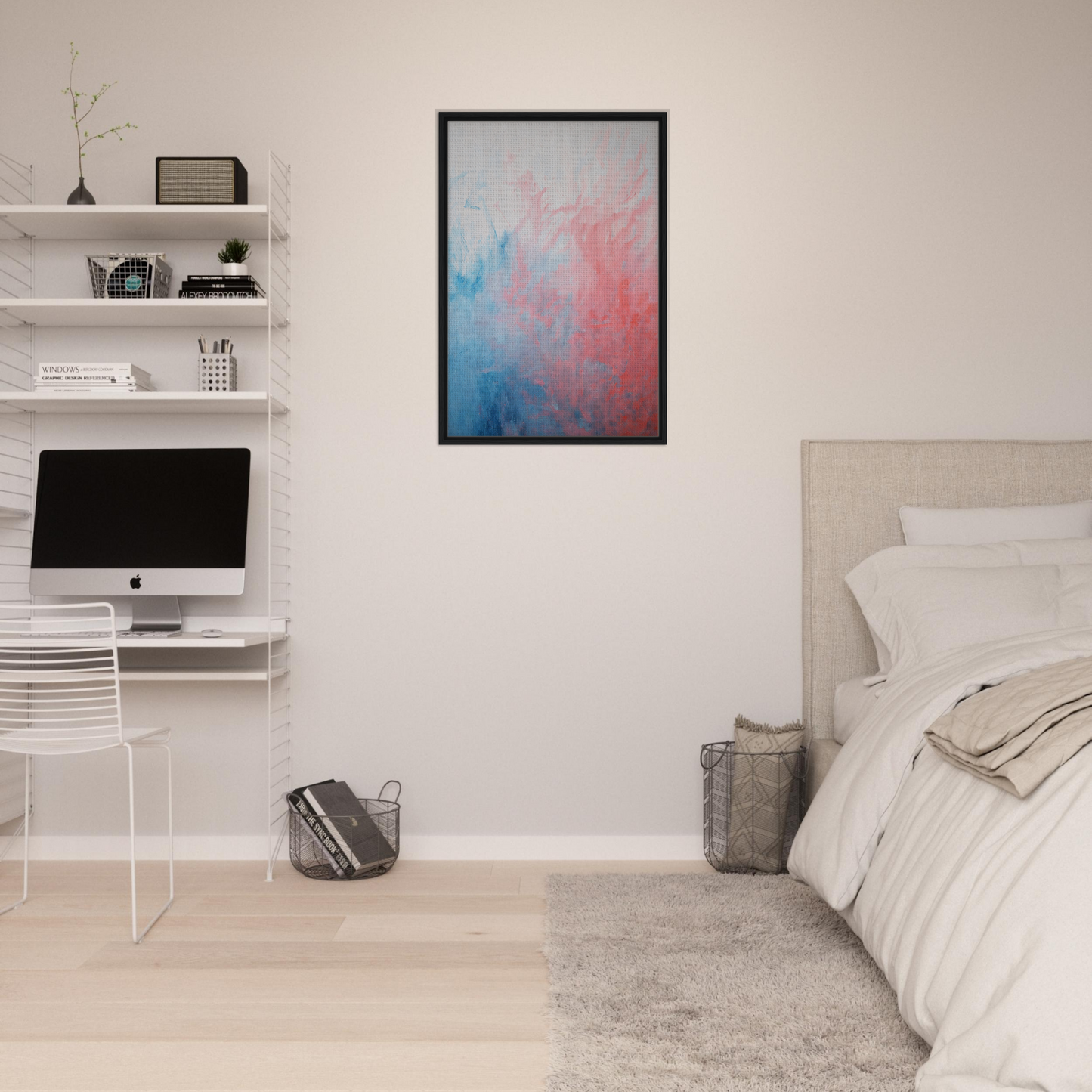 Abstract painting in soft blue and pink hues framed for Abstract Radiant Vortex room decor