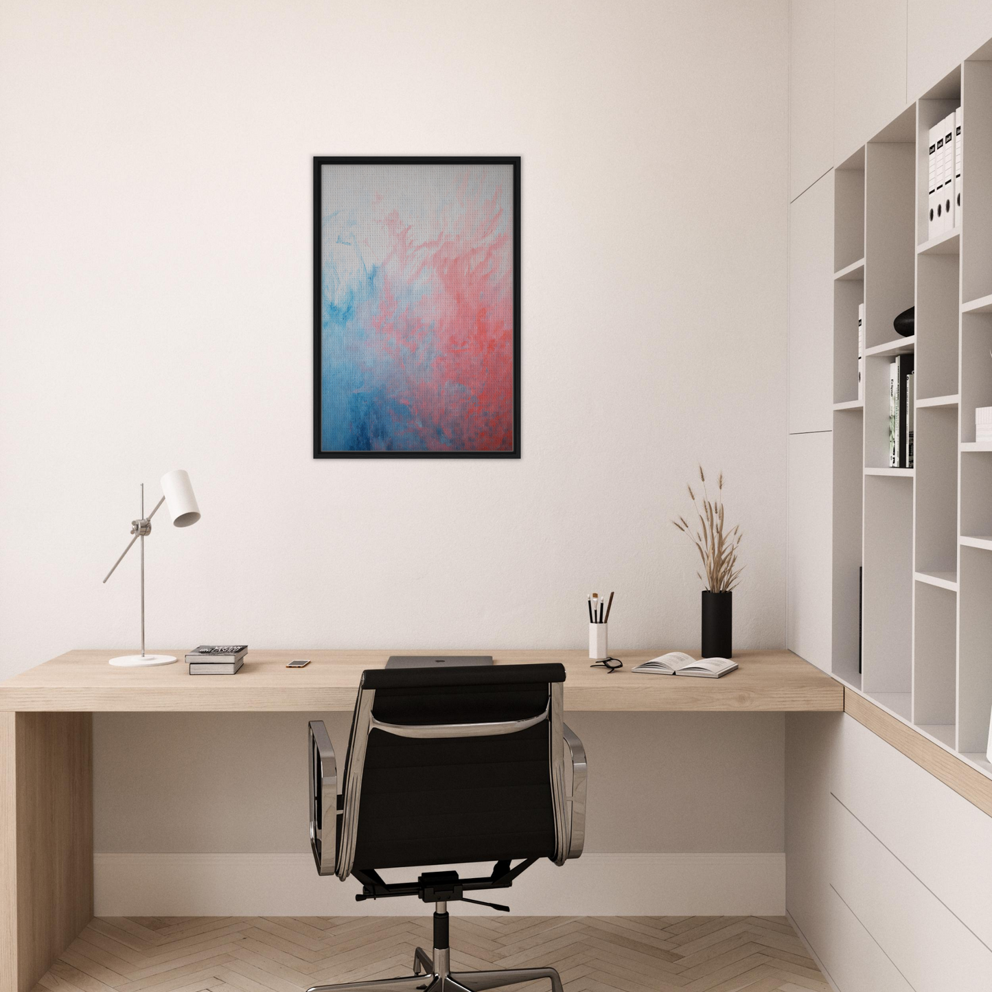 Minimalist home office featuring Abstract Radiant Vortex framed canvas wall decor