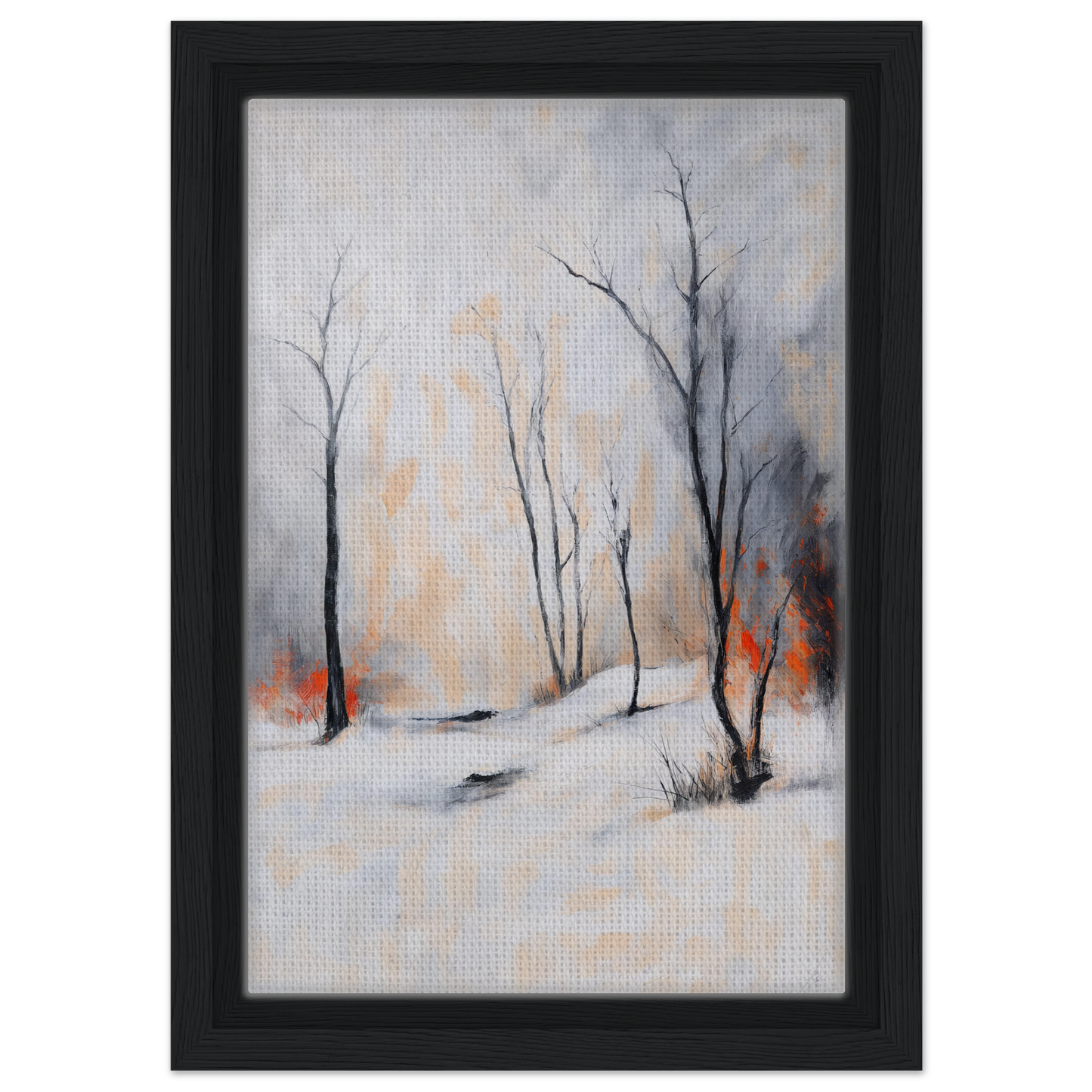 Framed canvas print of a winter forest scene by Fashion Oracle™ showcasing bare trees and snow