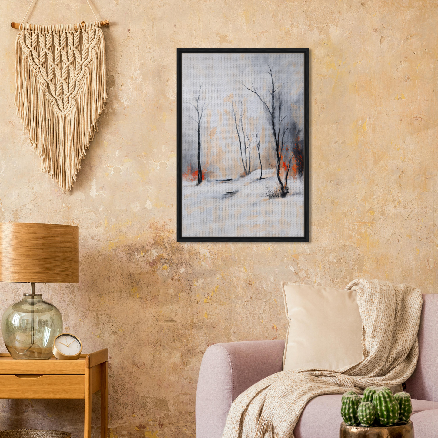 Framed canvas art of a snowy winter landscape with bare trees from Abstractions of Inferno