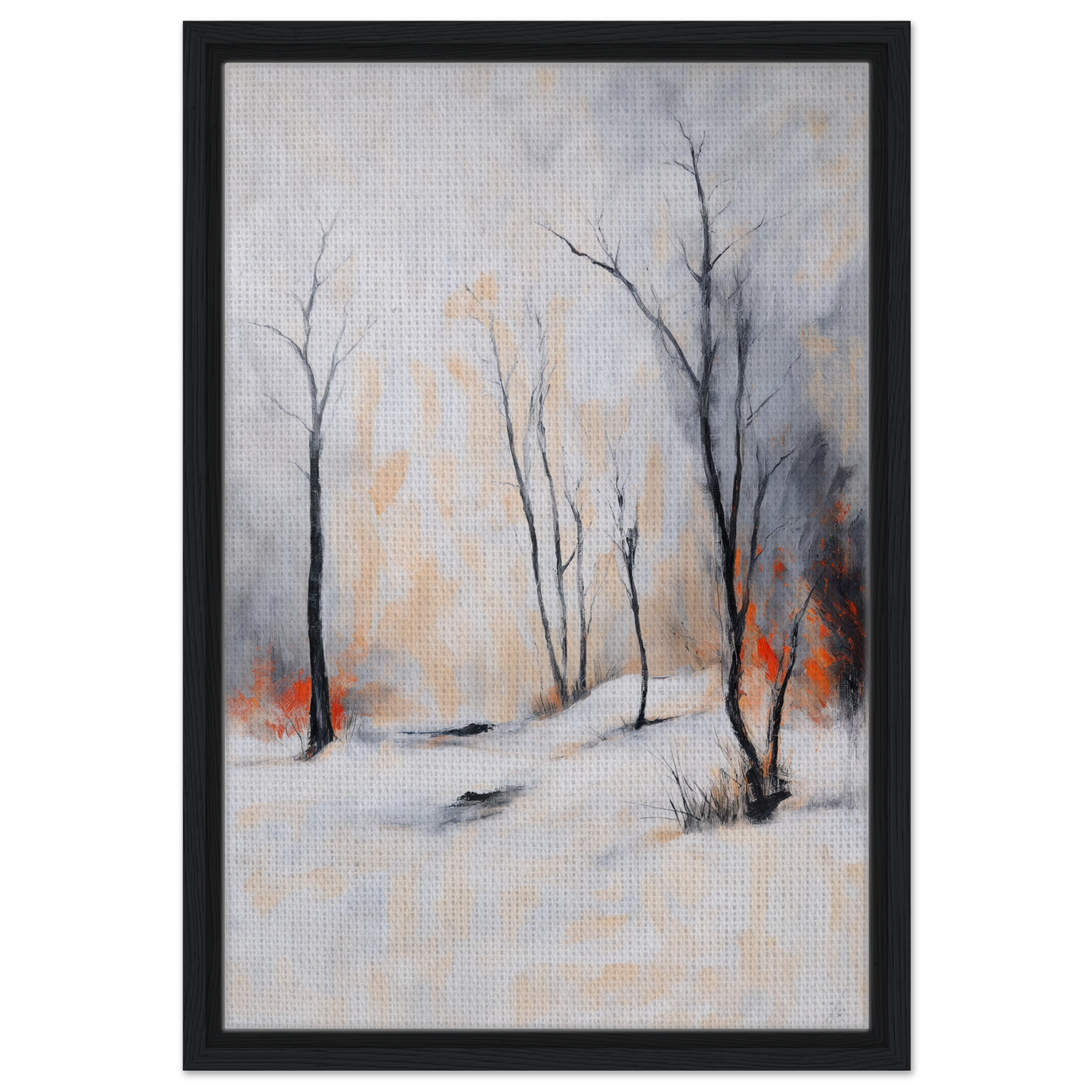 Framed canvas art of a snowy winter landscape in Abstractions of Inferno collection