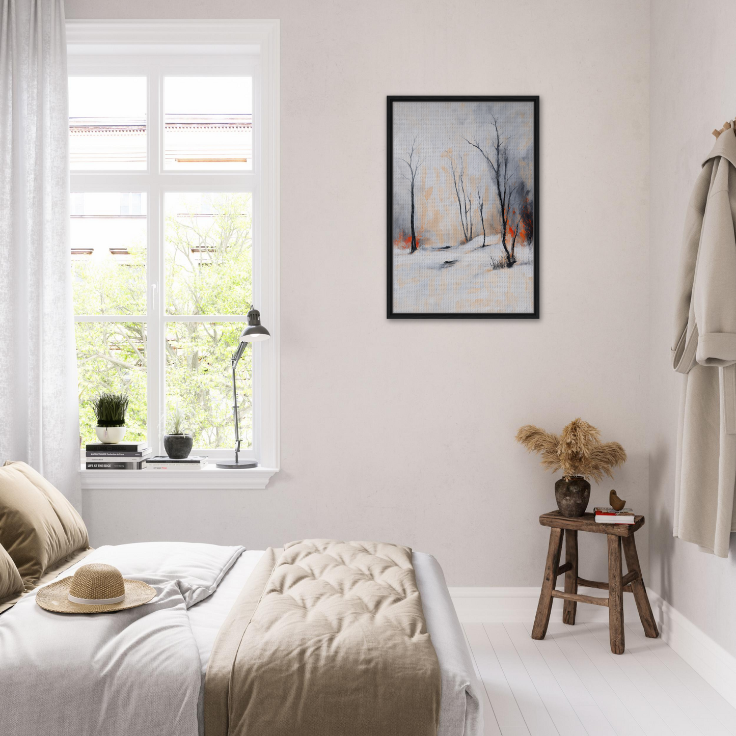 Cozy bedroom featuring Framed Canvas Art from Fashion Oracle™ with white decor and natural accents
