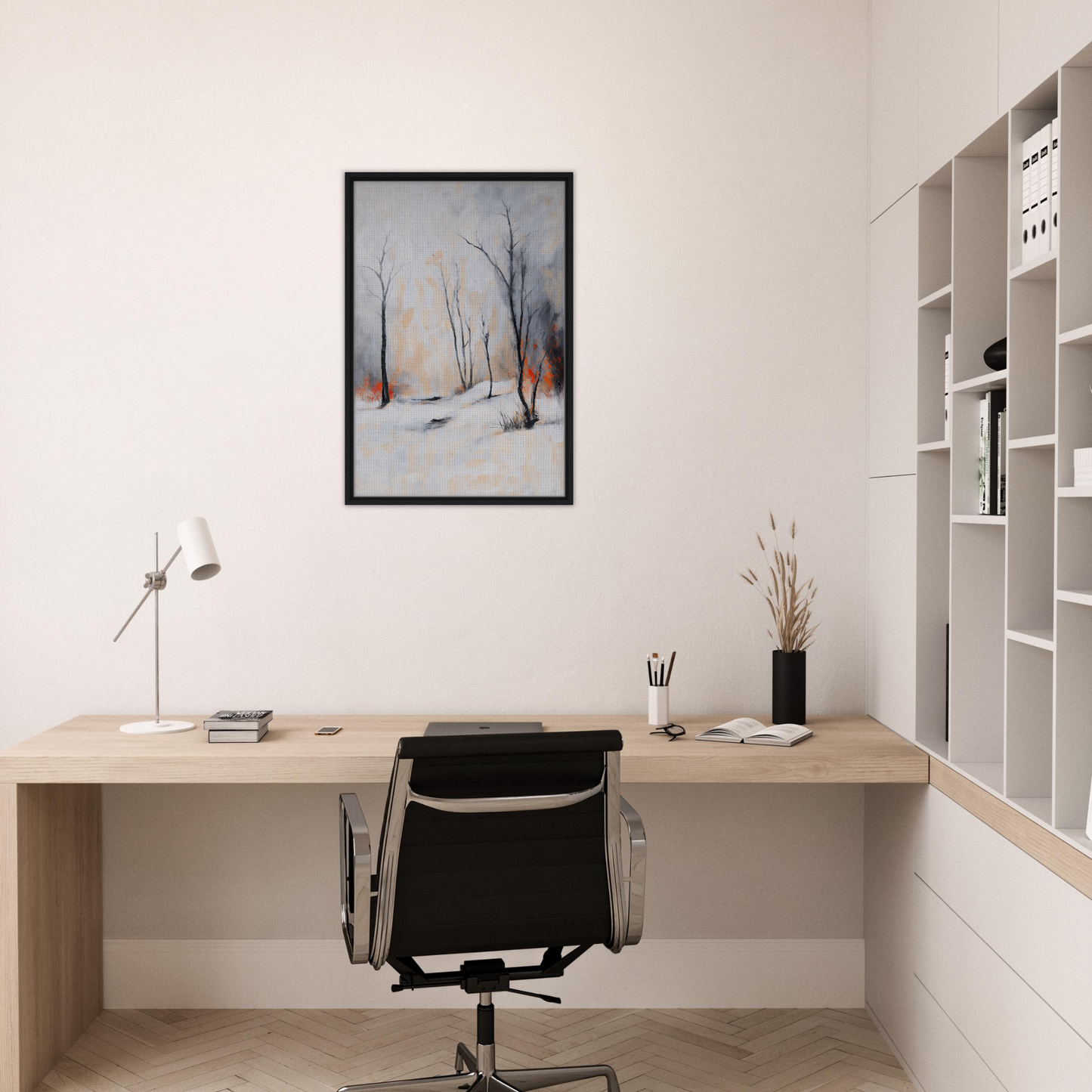 Minimalist home office featuring a wooden desk, black chair, and Framed Canvas Art from Fashion Oracle