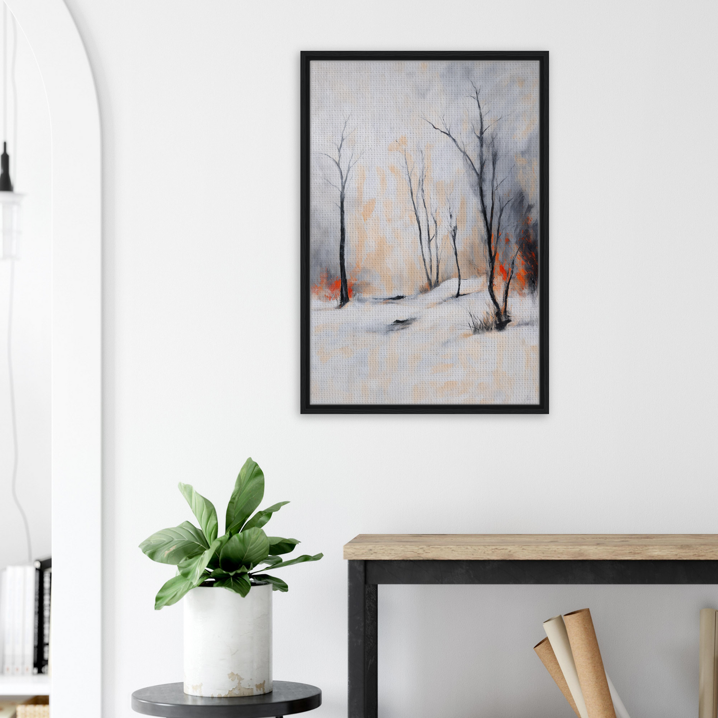 Framed canvas art of a winter forest scene in Abstractions of Inferno by Fashion Oracle™