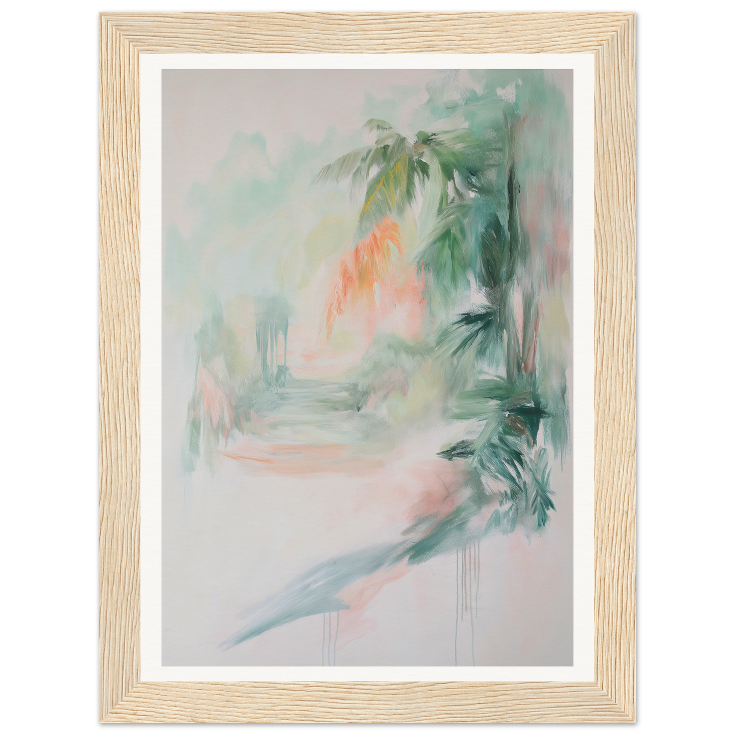 Abstract painting of tropical foliage in pastels, perfect framed wall art for your room decor.