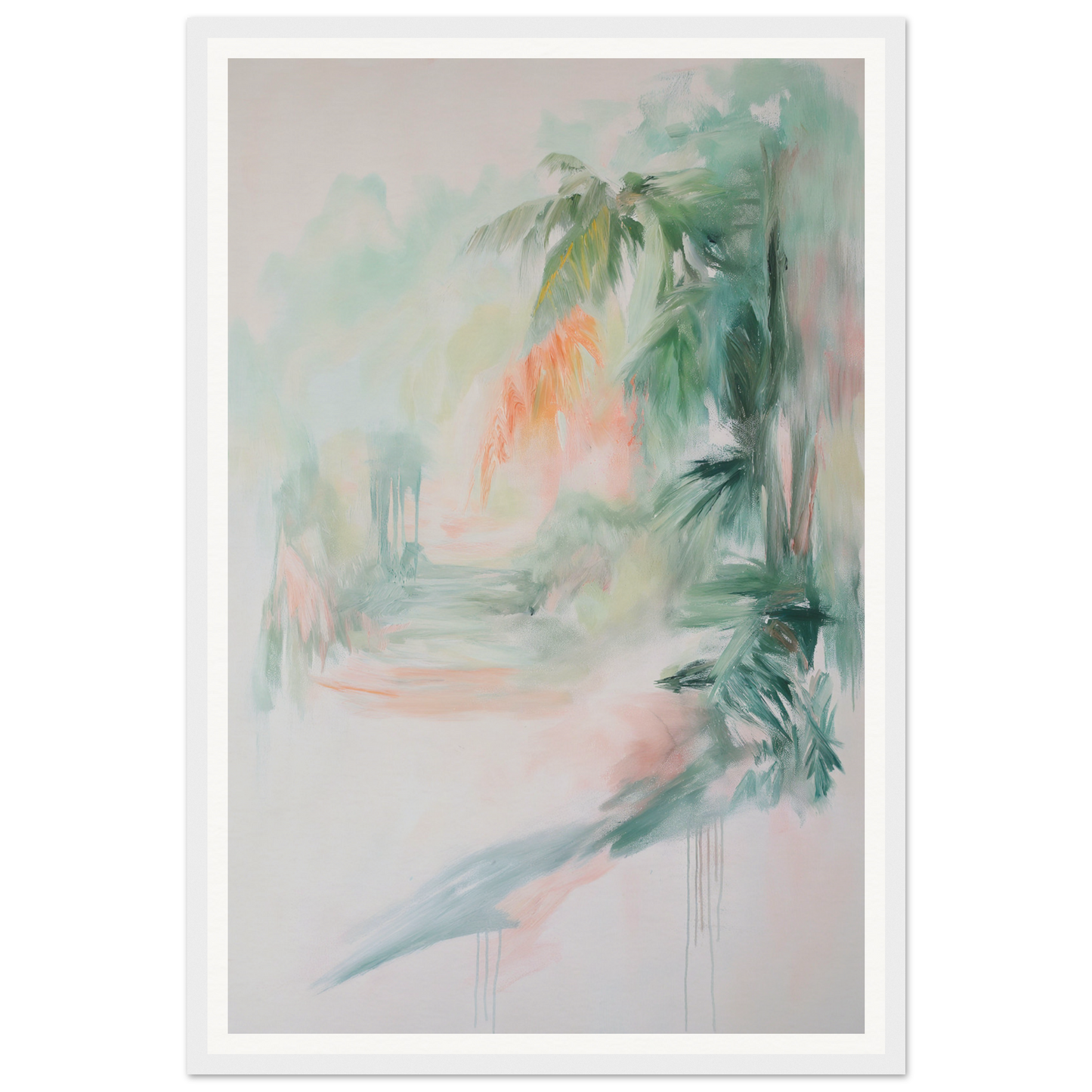 Framed wall art with abstract green, pink, and orange brushstrokes adds flair to room decor.