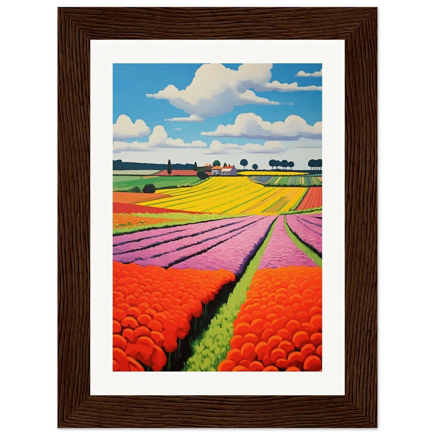 Colorful painting of flower fields with vibrant stripes of different hues stretching towards the horizon.