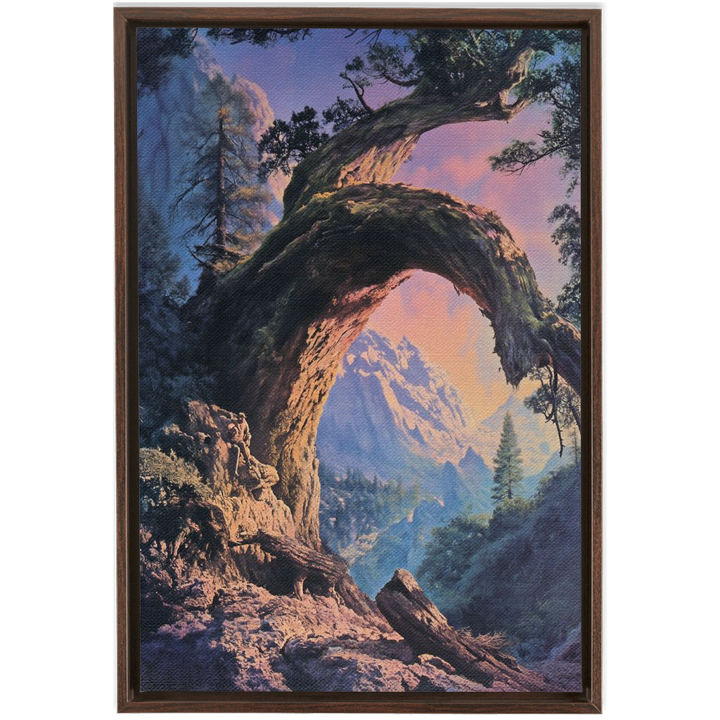 A painting of a tree in the mountains