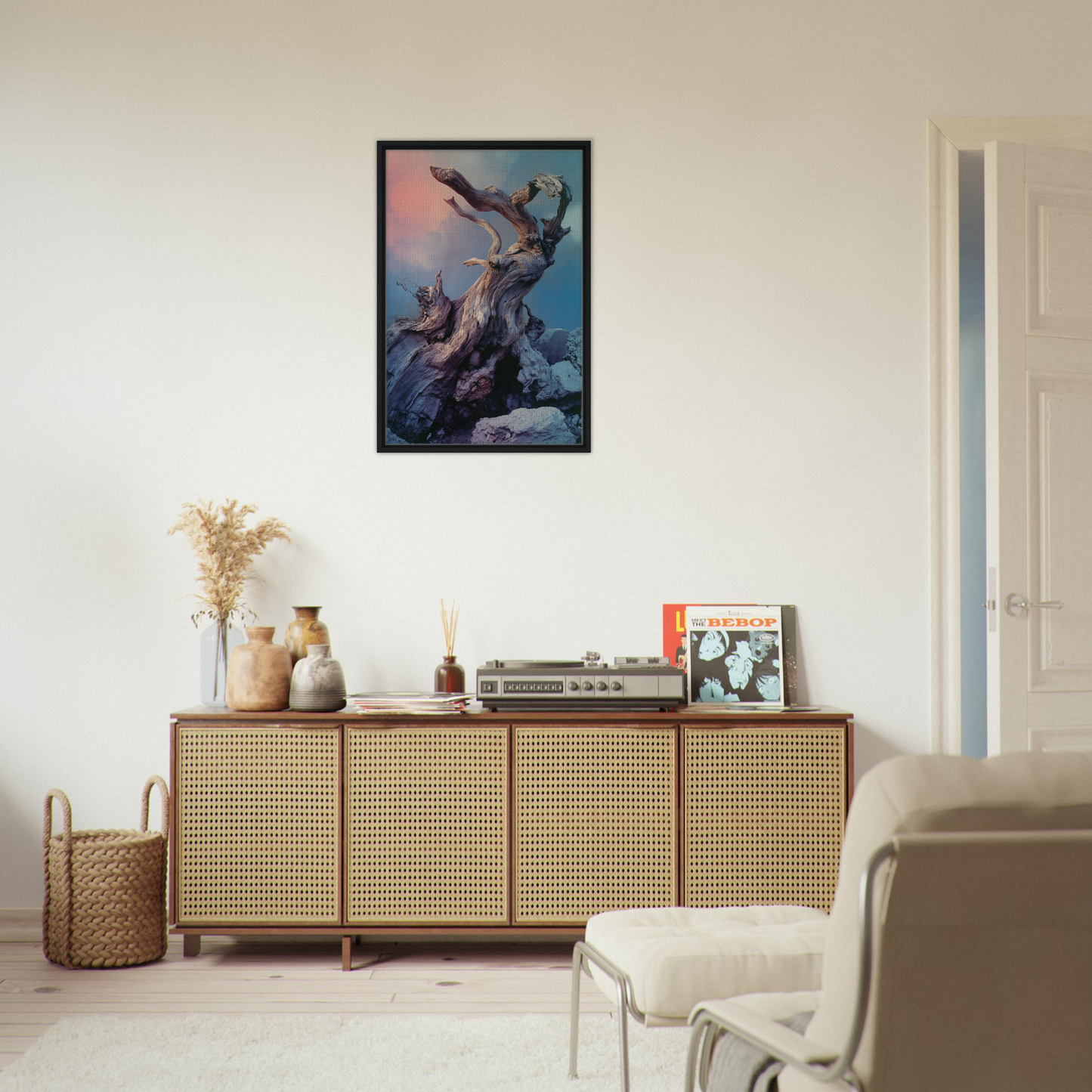 Framed canvas print of Ancient Dreams Unfurled depicting dynamic figures against a vibrant sky