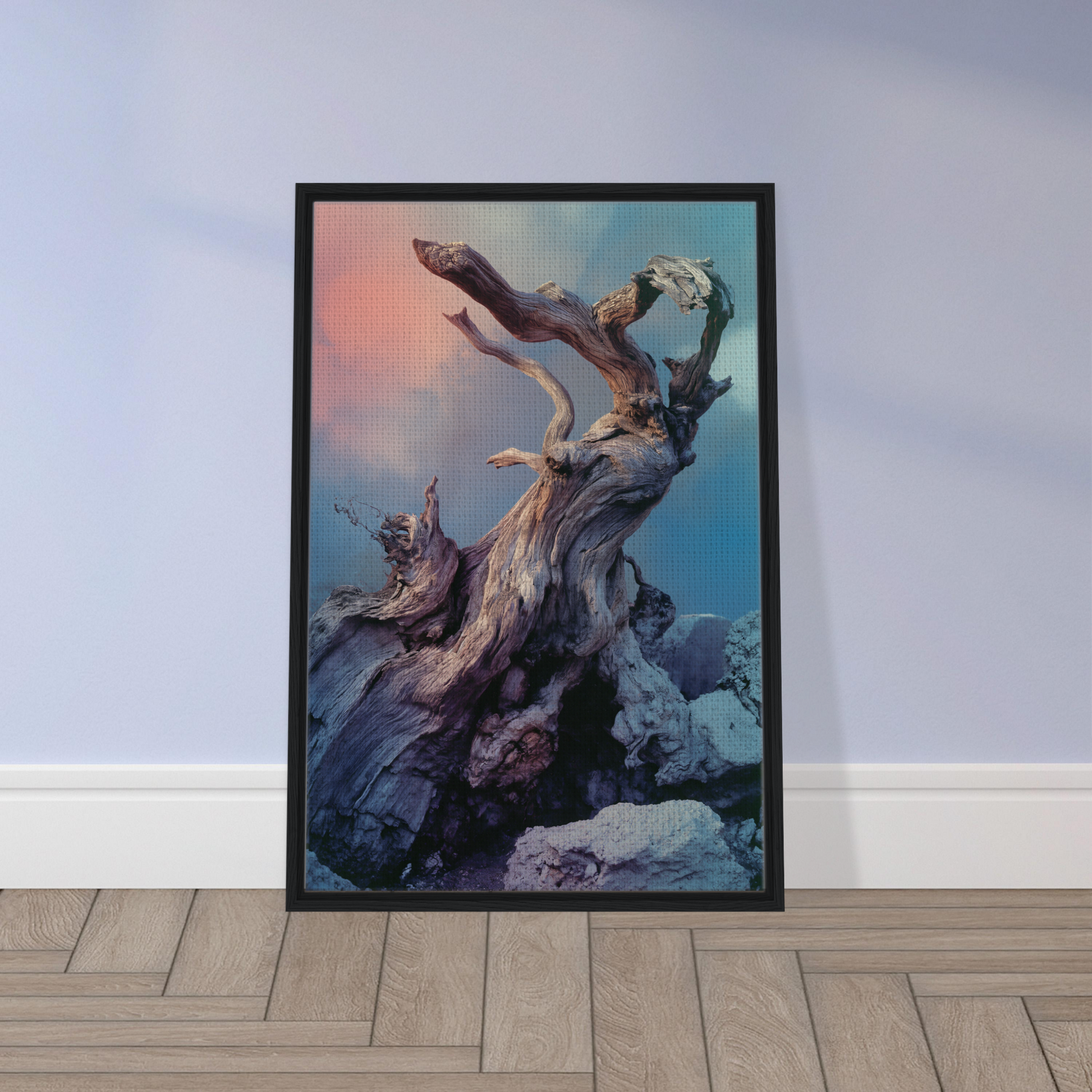 Framed artwork of a gnarled tree on rocky terrain, perfect for Ancient Dreams Unfurled room decor