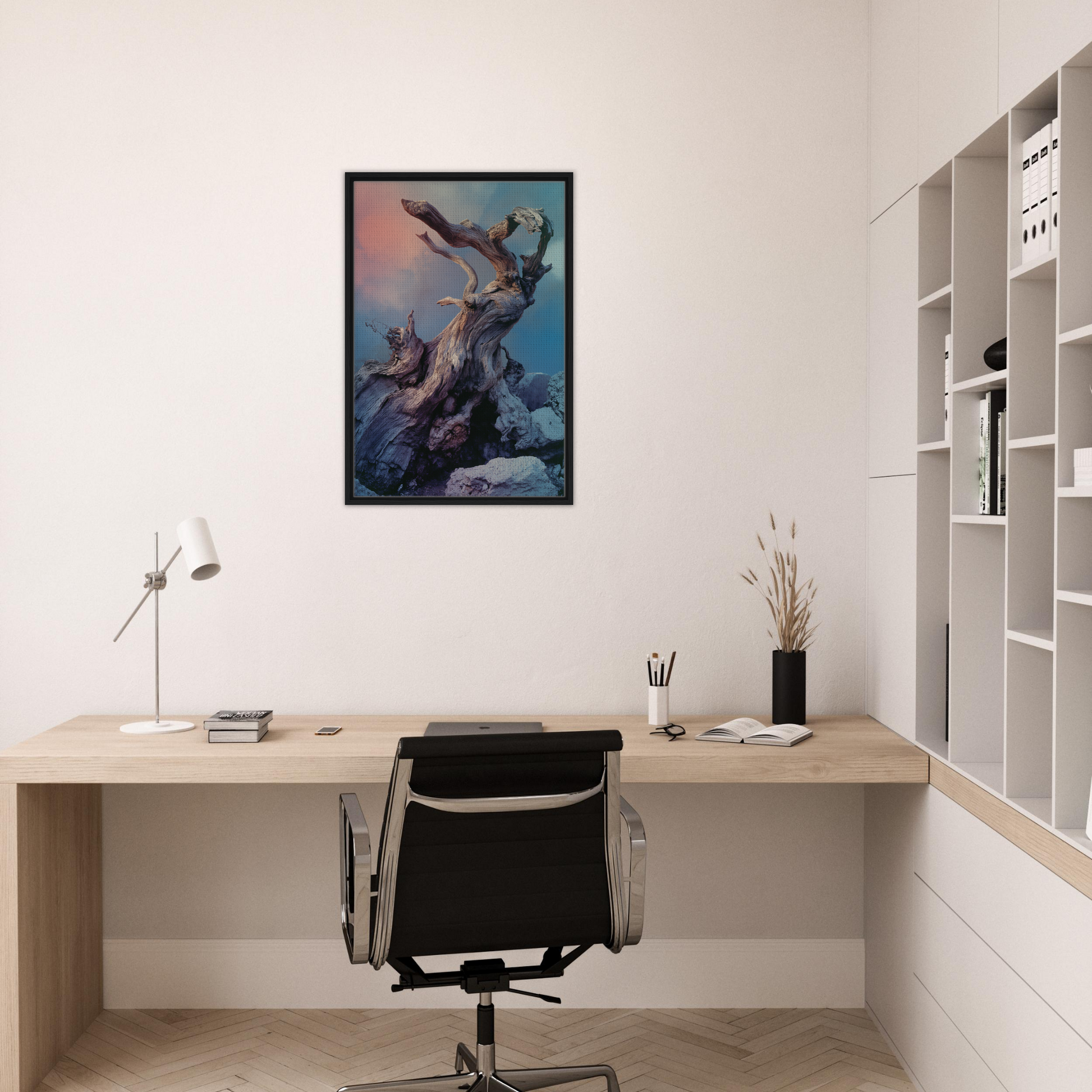 Minimalist home office with framed canvas print in Ancient Dreams Unfurled decor style
