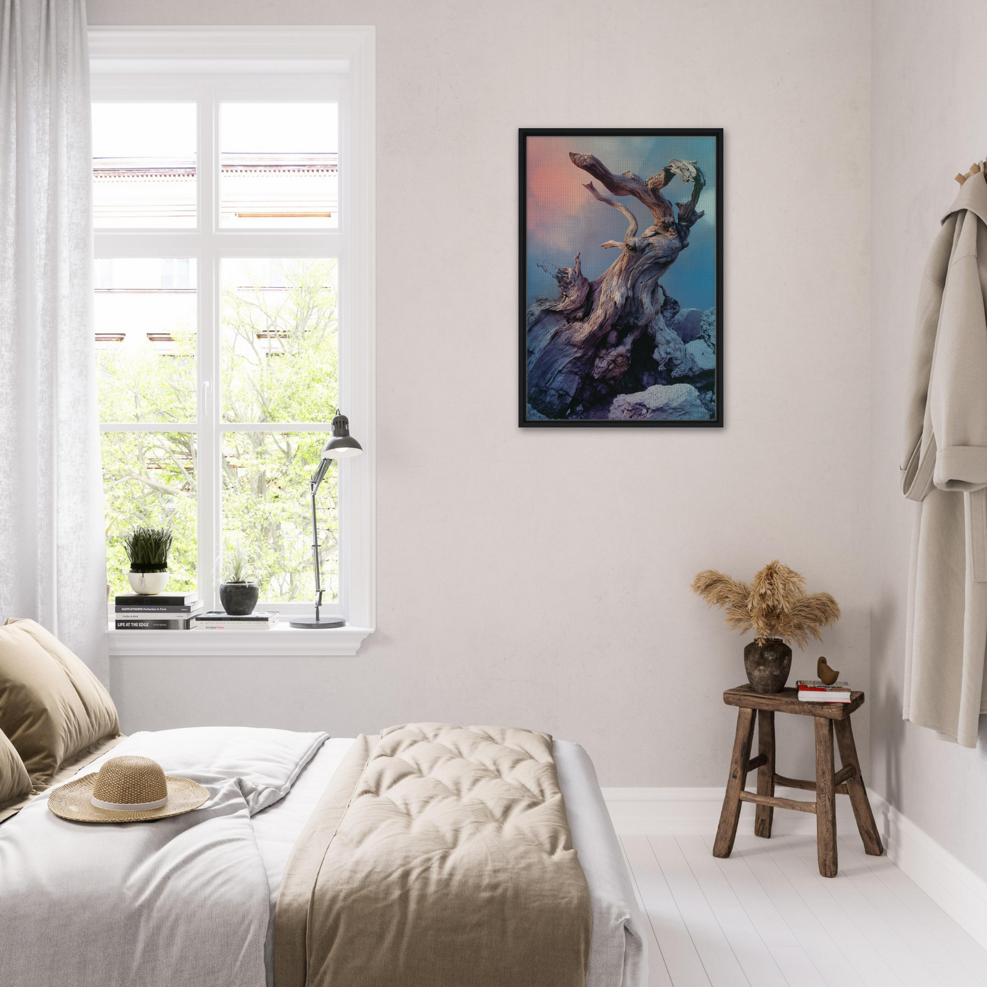 Cozy bedroom with white walls featuring Ancient Dreams Unfurled framed canvas print