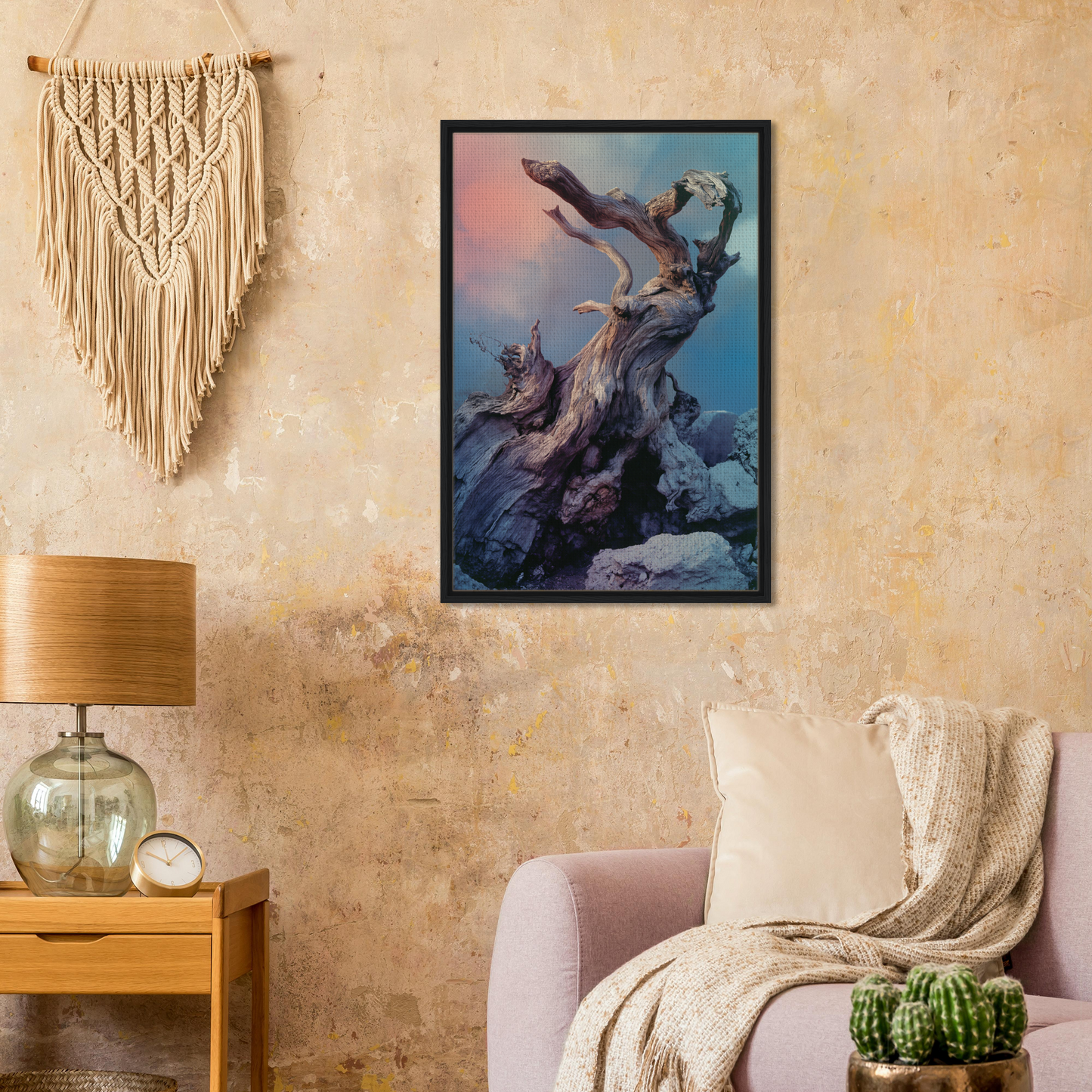 Framed canvas print of a gnarled tree against a colorful sky in Ancient Dreams Unfurled