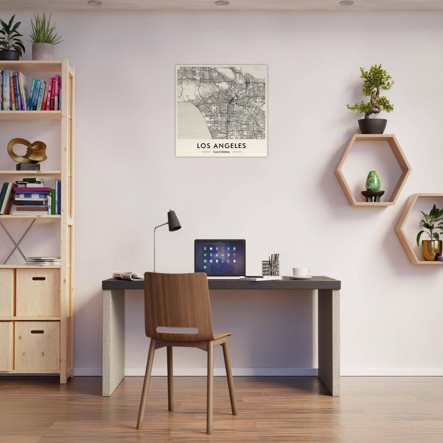 Home office workspace with a desk, chair, and decorative wall shelves.