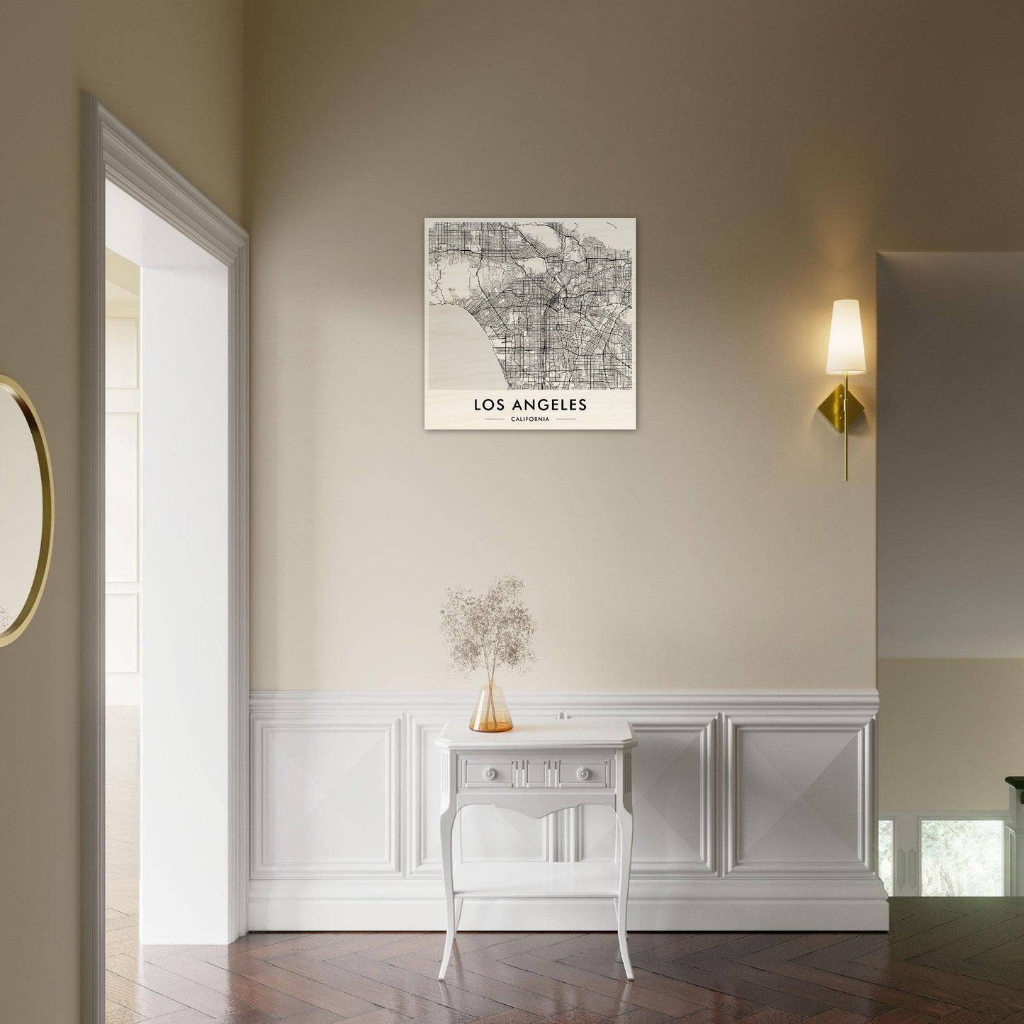 White console table with curved legs against a wall.