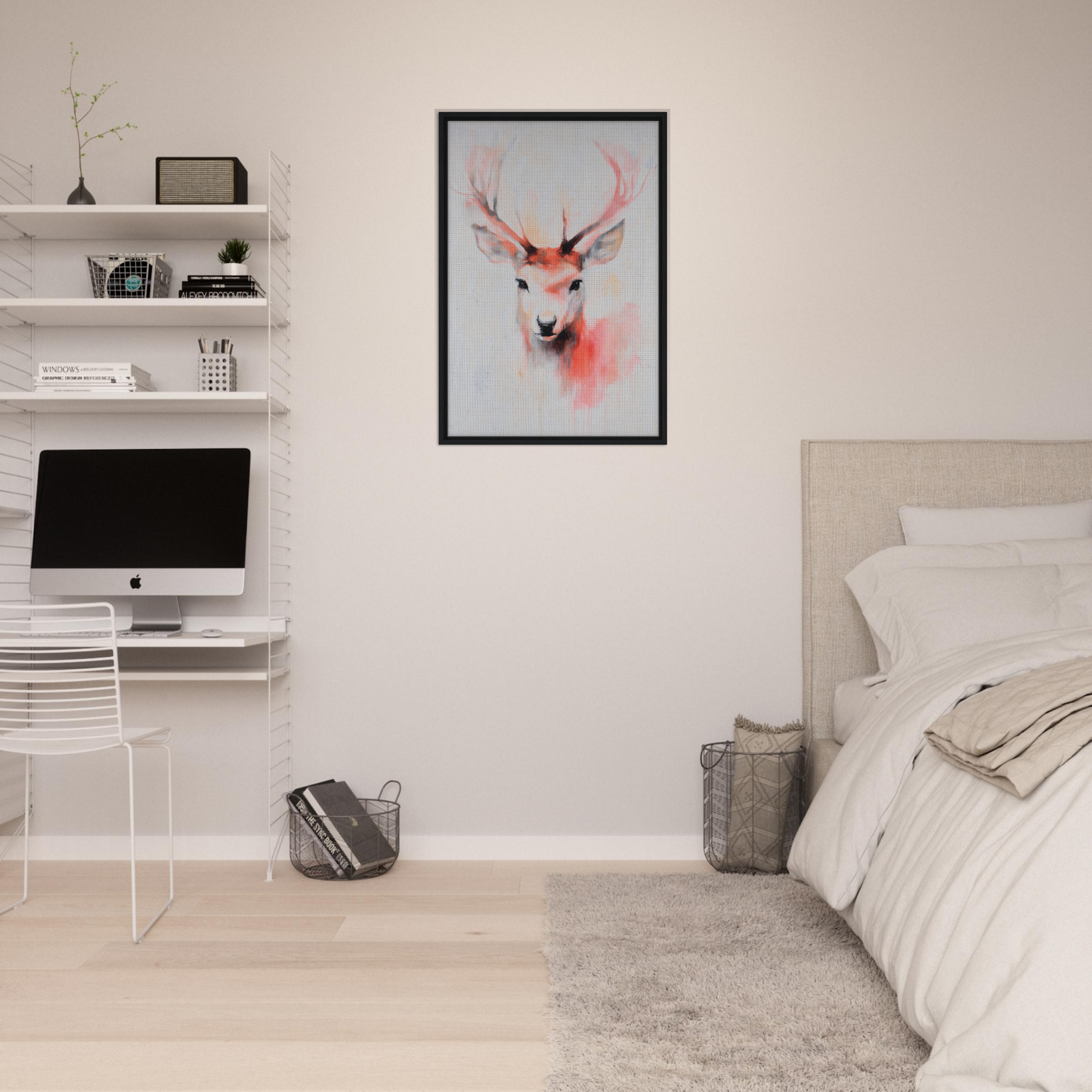Framed canvas print of a deer with pink antlers, showcasing Antlers’ Vivid Elegance