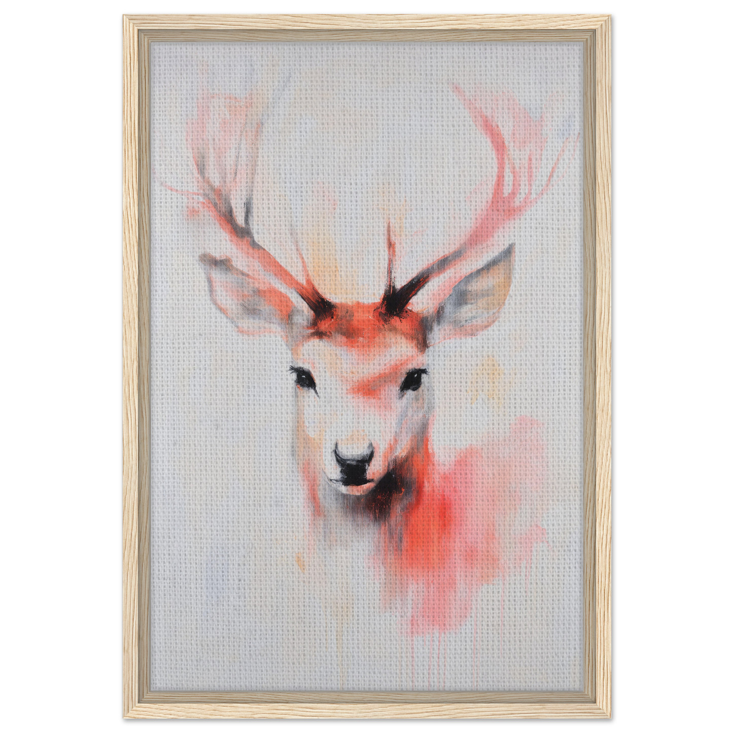 Watercolor painting of a deer head with pink antlers in wooden frame for room decor