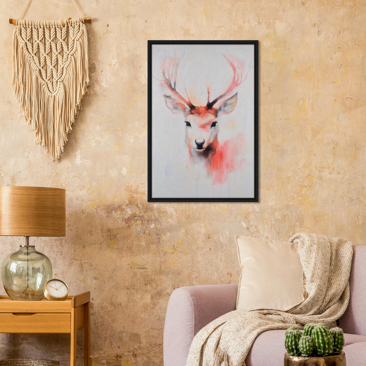 Framed watercolor painting of a deer’s head highlighted by Antlers’ Vivid Elegance
